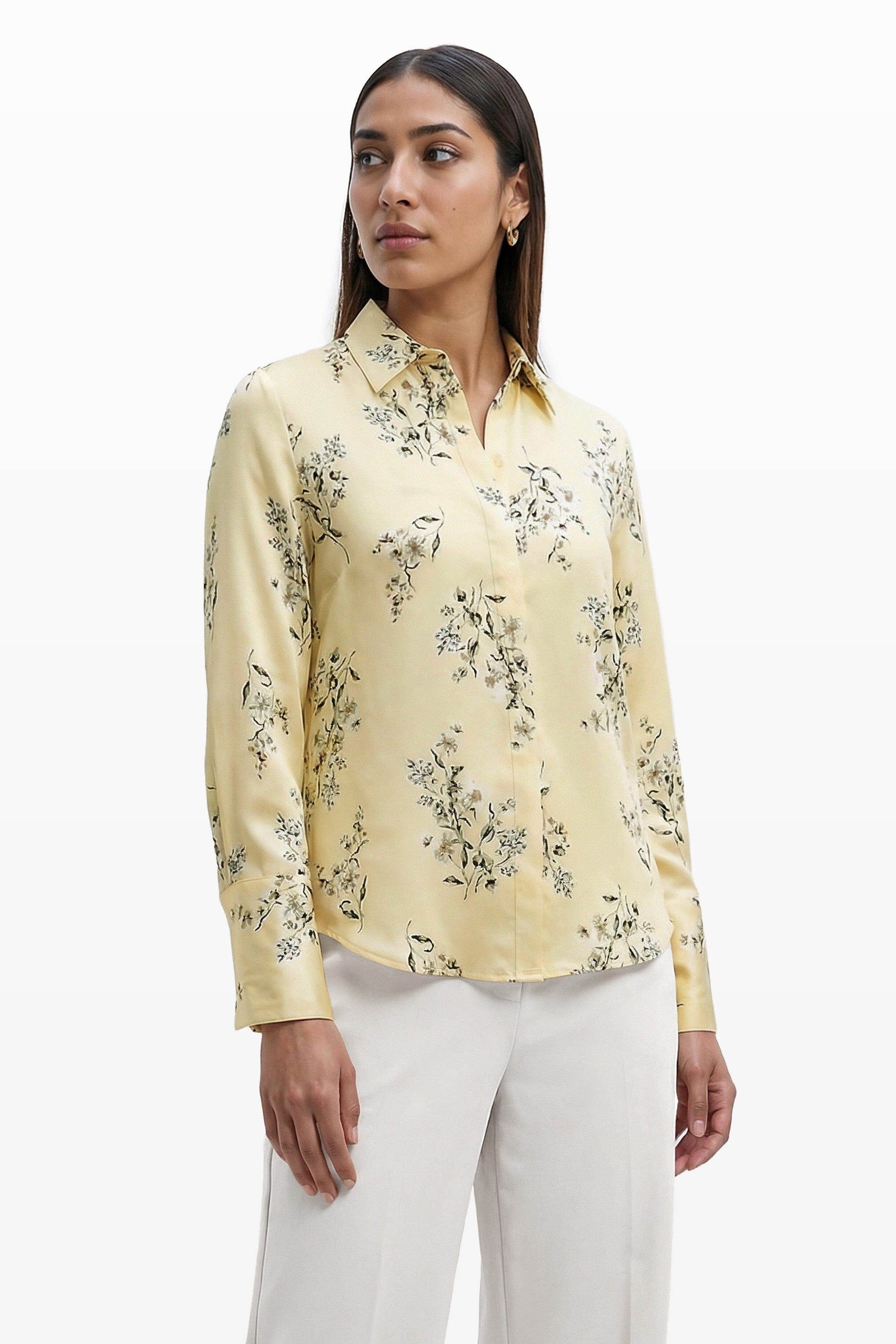 Anne Klein Whisper Yellow Mlt Button Front Collared Blouse