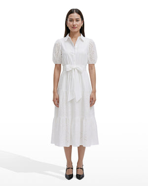 Anne Klein CRISP WHITE Puff Sleeve Tiered Shirt Dress