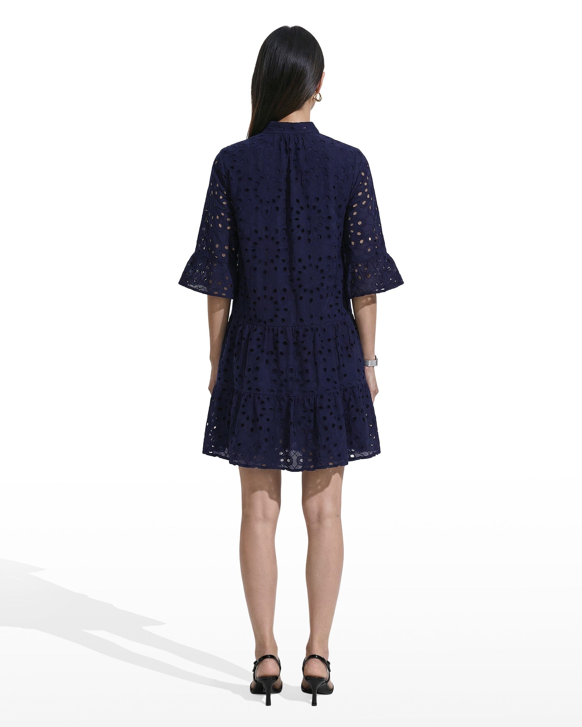 Anne Klein Women's Eyelet Embroidered Cotton Flare-Sleeve Shirtdress - Distant Mountain
