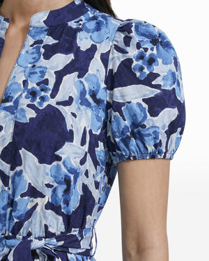 Anne Klein Puff Sleeve Floral Print A-Line Midi Dress