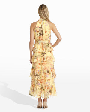 Anne Klein DAFFODIL MULTI Halter Neckline Tiered Ruffle Maxi Dress in Floral Print