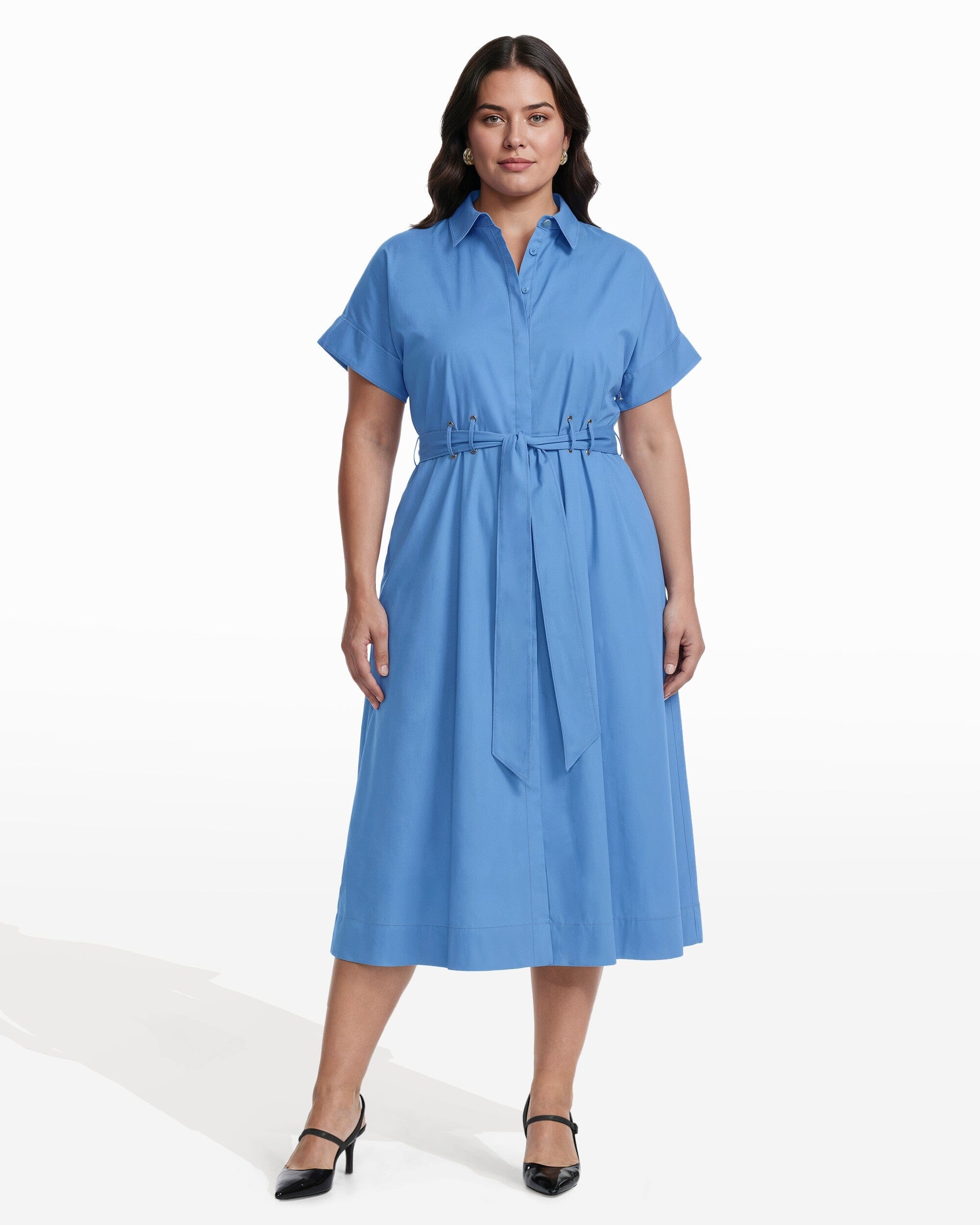 Plus Size Belted Shirt Dress in Blue