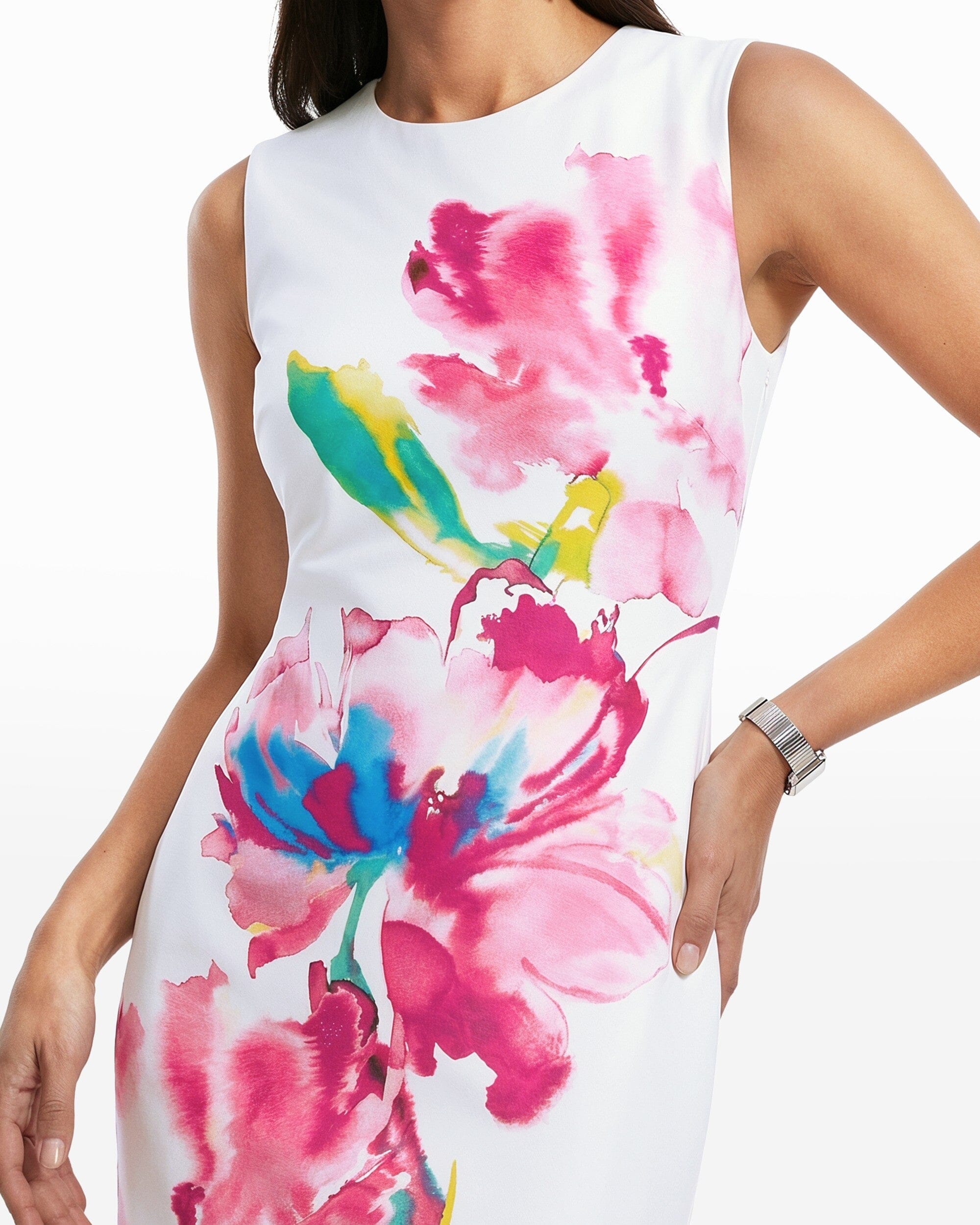 Anne Klein CRISP WHITE MULTI Sleeveless Floral Sheath Dress