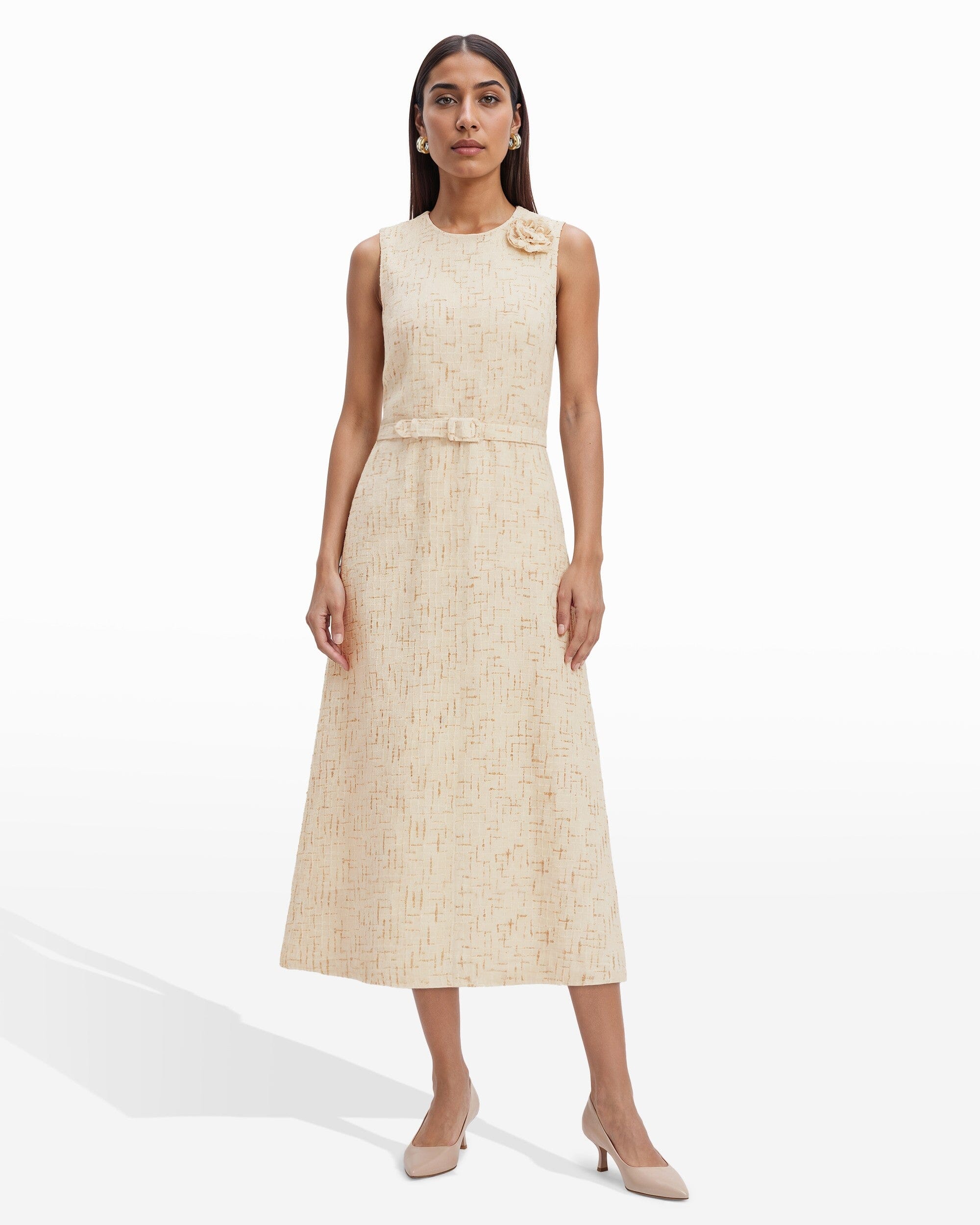 cream a line midi dresses Cream A-Line Midi Casual Party Dress with Floral Print Cream Floral Print / Large