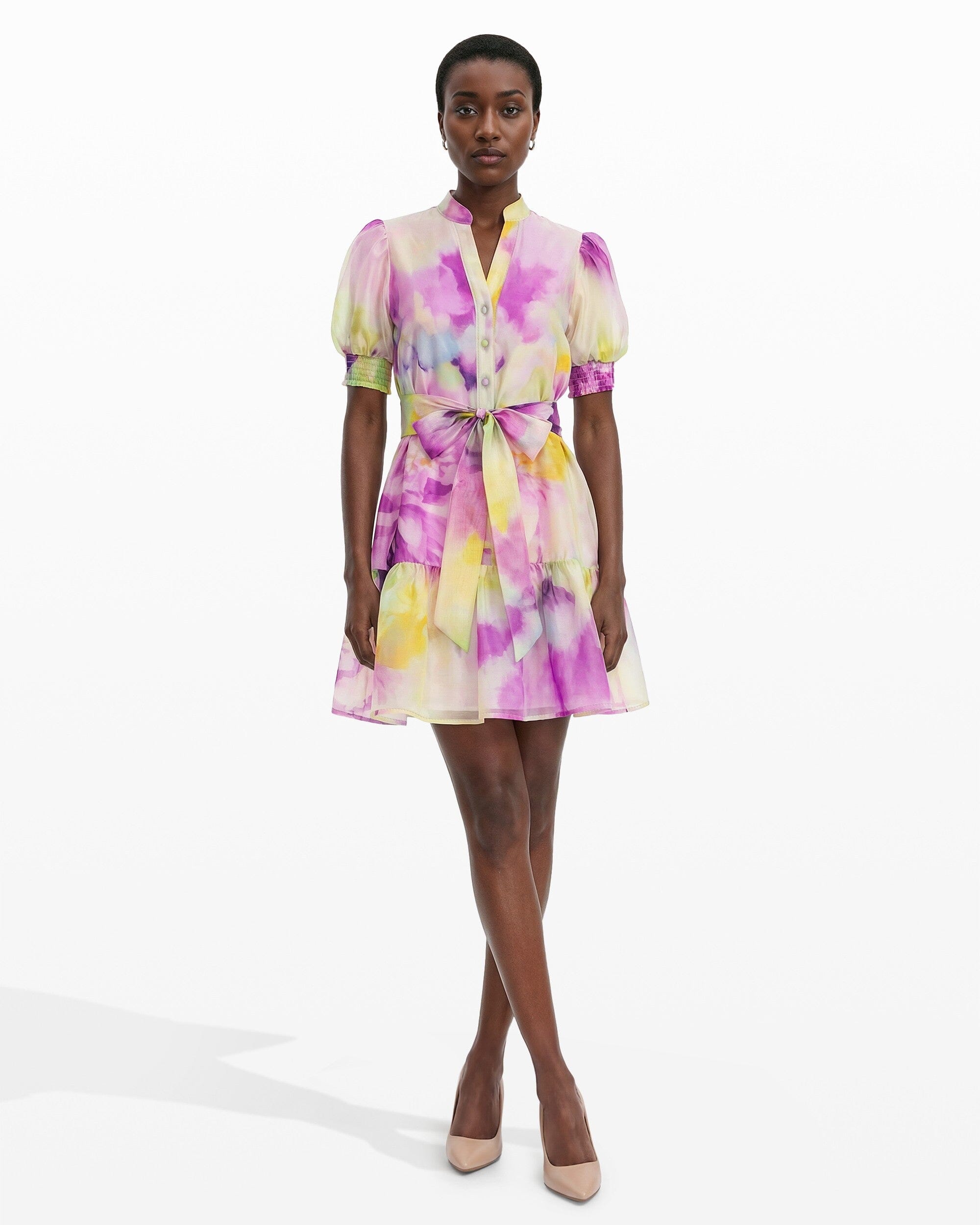 Anne Klein PASTEL LILAC MULTI Puff Sleeve Short Shirt Dress