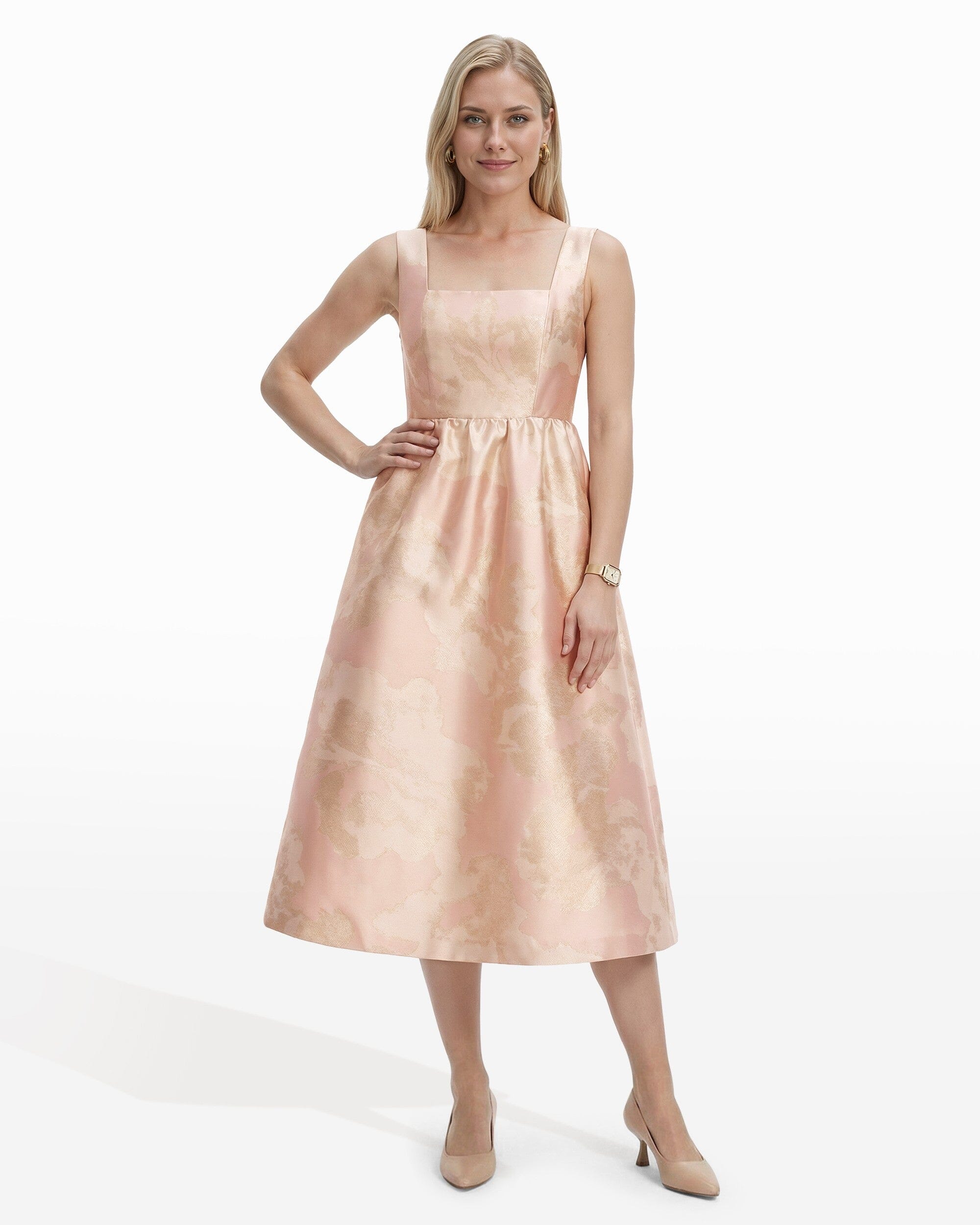Square Neck Open-Back A-Line Midi Dress