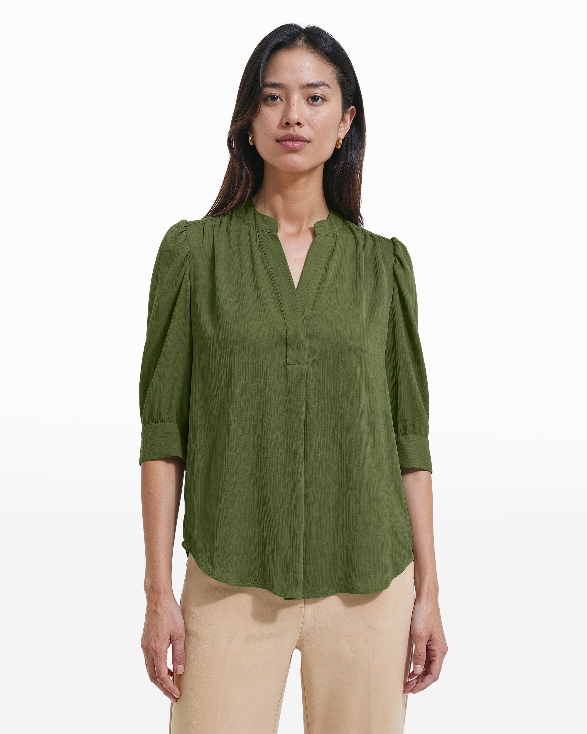 Y-Neck Woven Top with Short Puff Sleeves Apparel & Accessories Kasper