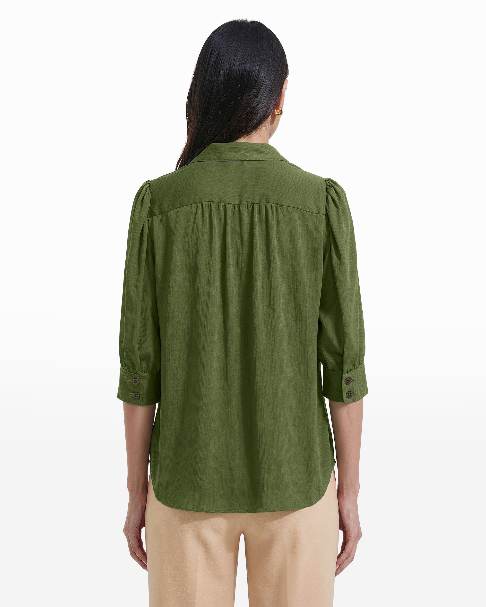 Y-Neck Woven Top with Short Puff Sleeves Apparel & Accessories Kasper