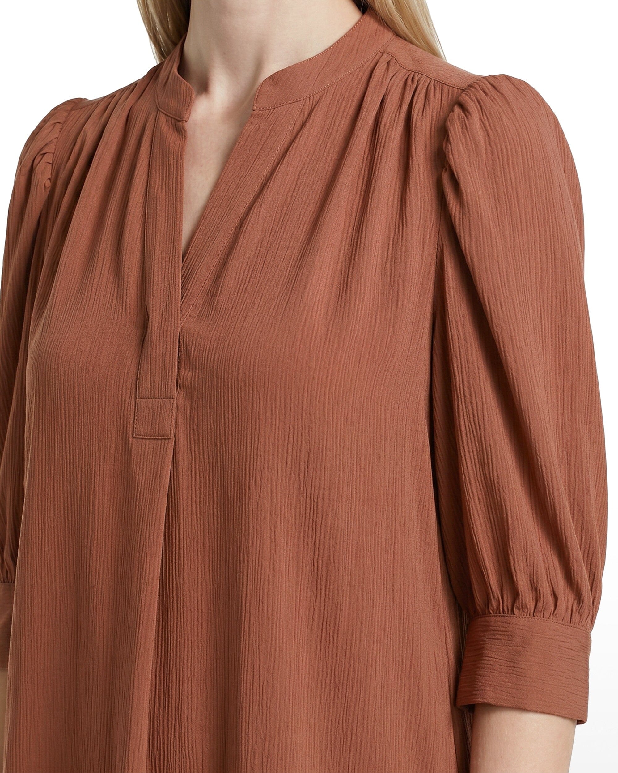 Y-Neck Woven Top with Short Puff Sleeves Apparel & Accessories Kasper