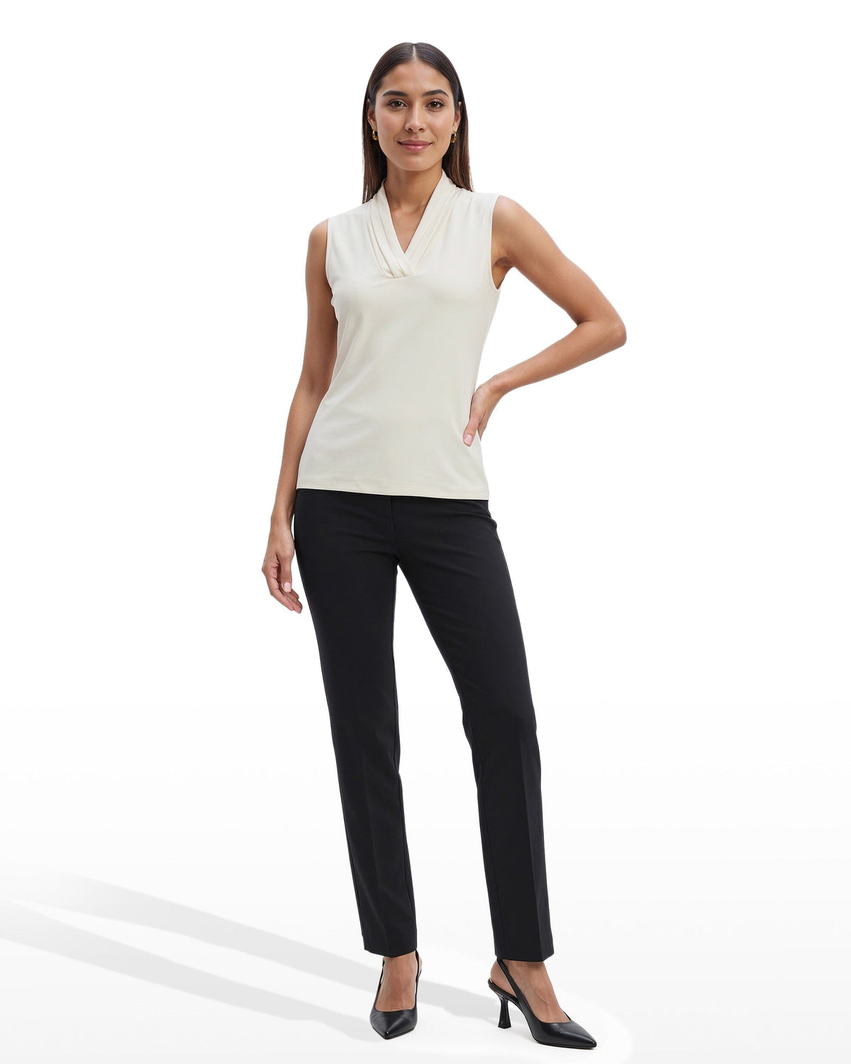 Anne Klein Anne White V-Neck Triple Pleat Top