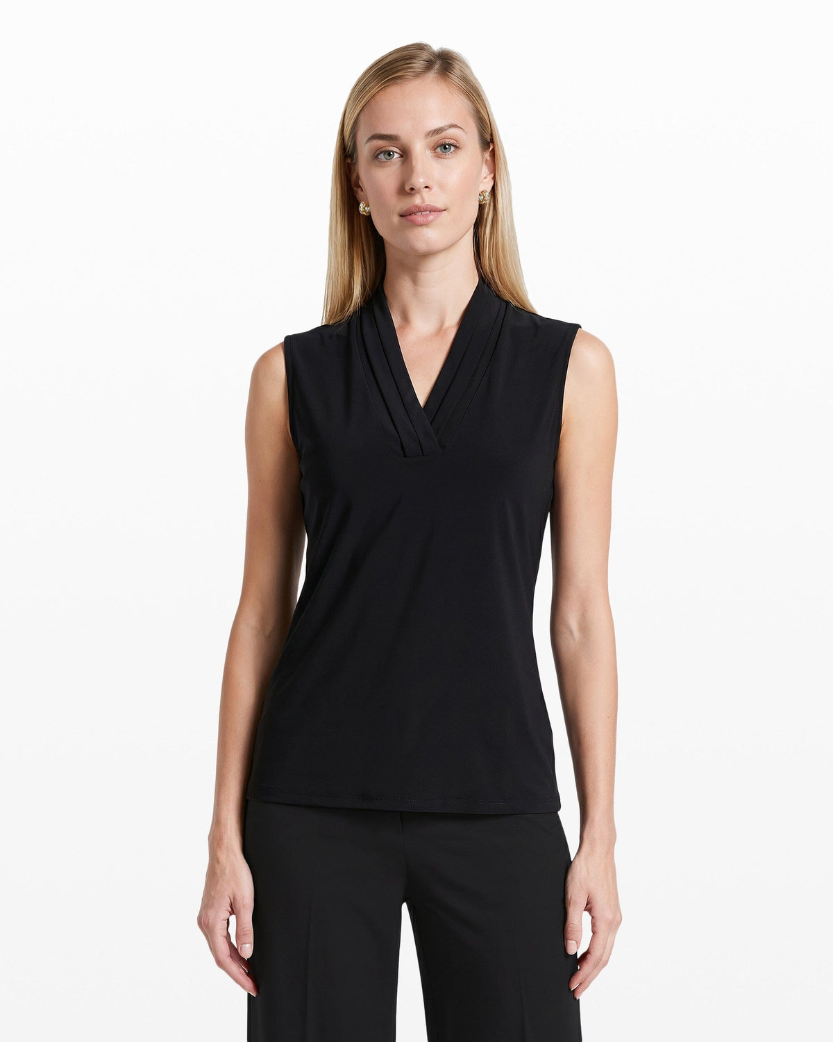 Anne Klein Anne Black V-Neck Triple Pleat Top