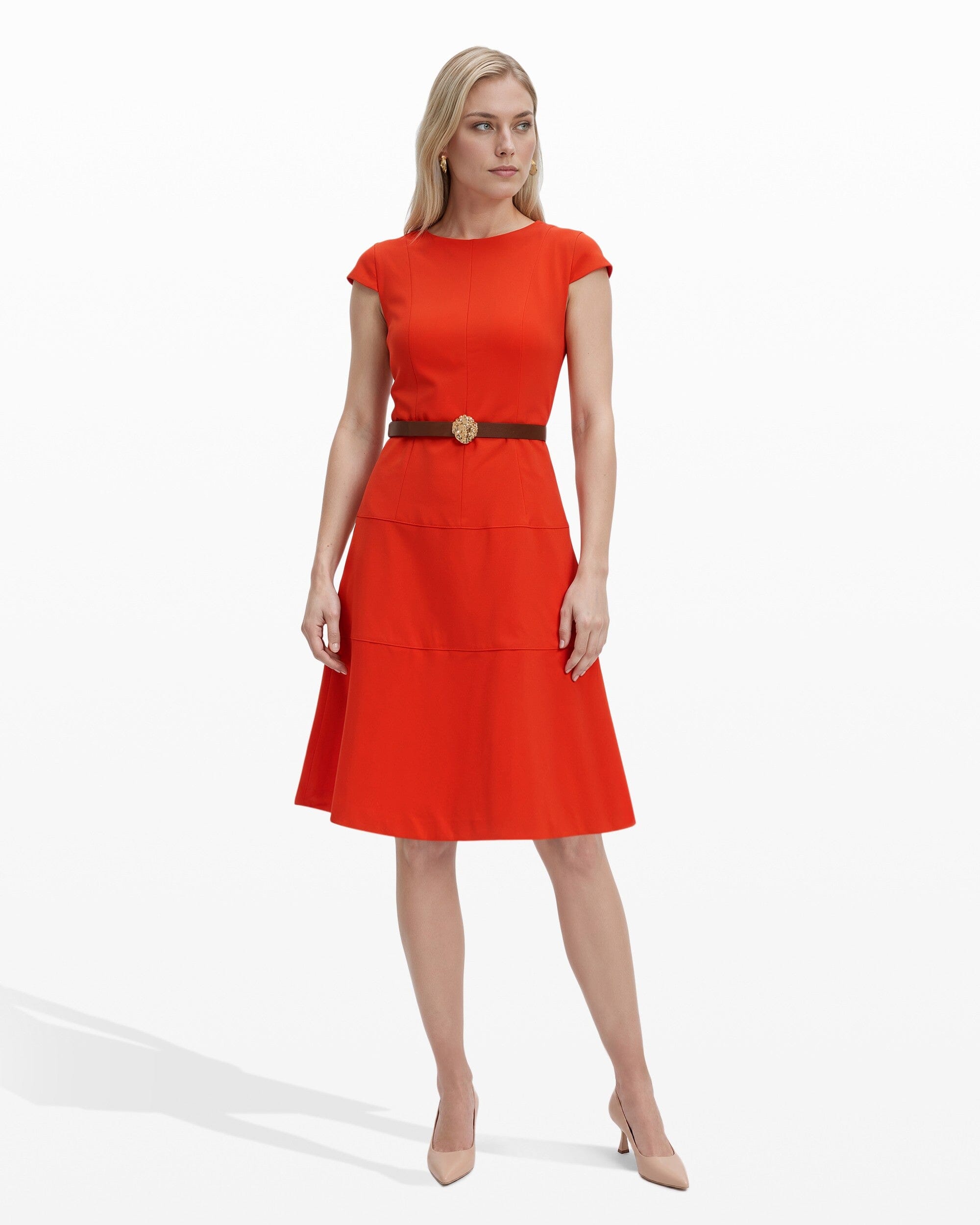 Cap Sleeve Tiered Skirt Belted Crew Neck Dress Dresses Kasper