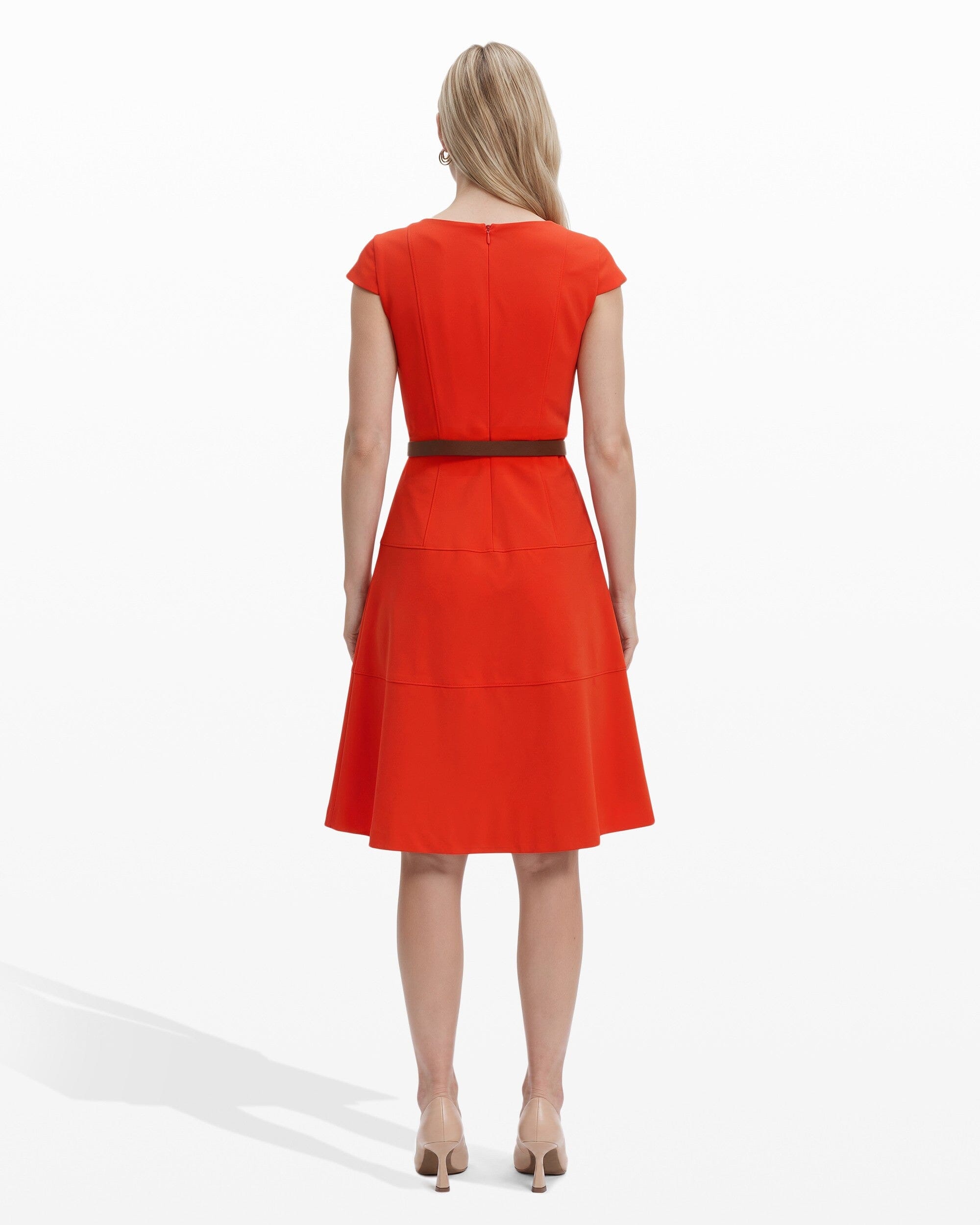 Anne Klein CARROT Cap Sleeve Tiered Skirt Belted Crew Neck Dress