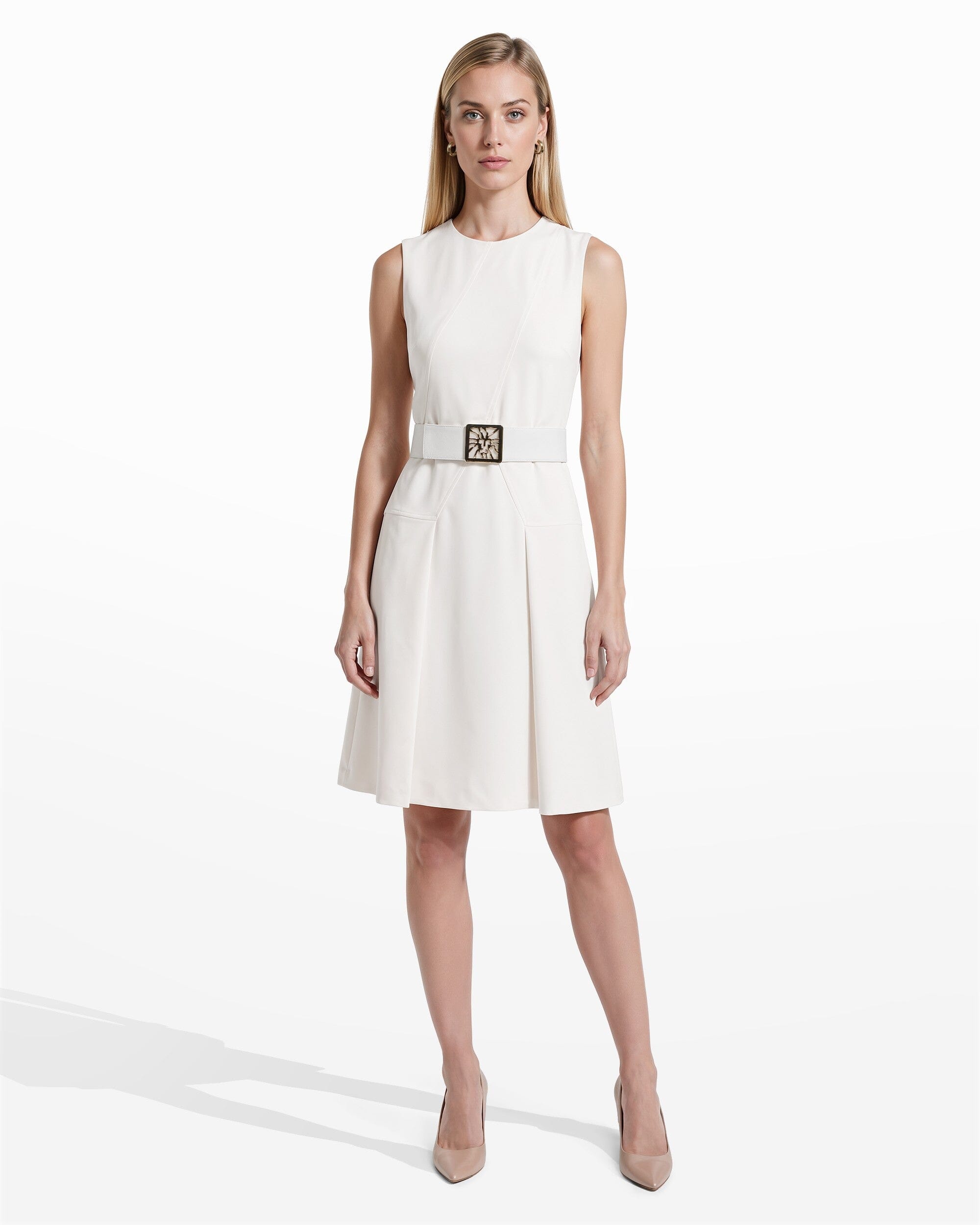 Anne Klein Diagonal Print Sleeveless Fit and Flare Crew Neck Dress