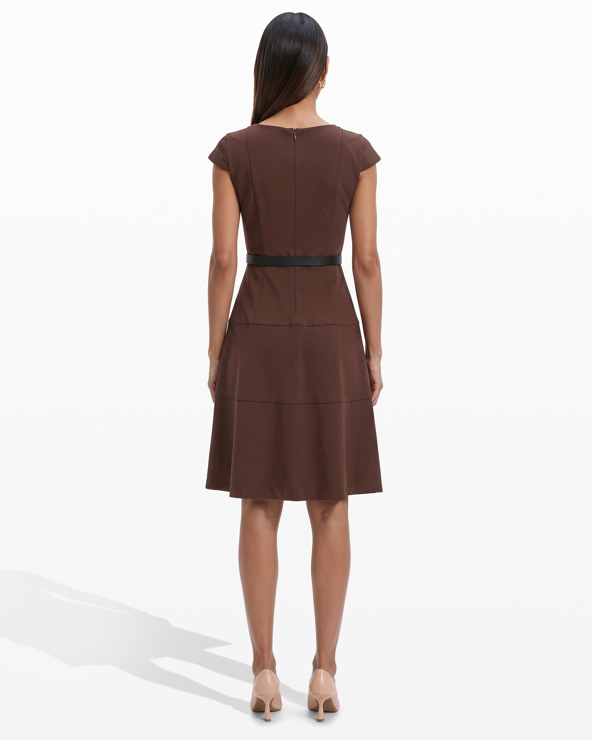Anne Klein Cap Sleeve Tiered Skirt Belted Crew Neck Dress