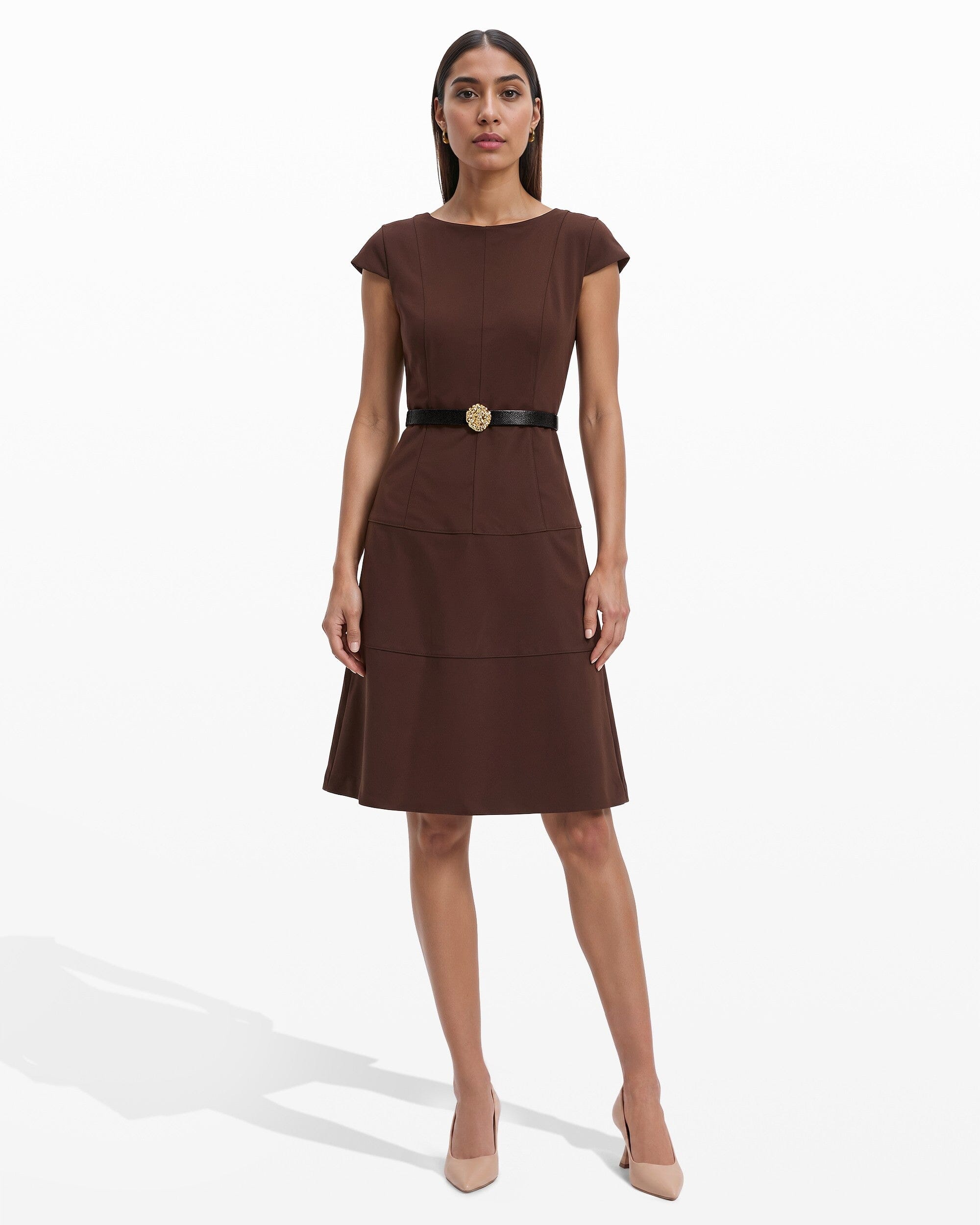 Anne Klein Cap Sleeve Tiered Skirt Belted Crew Neck Dress