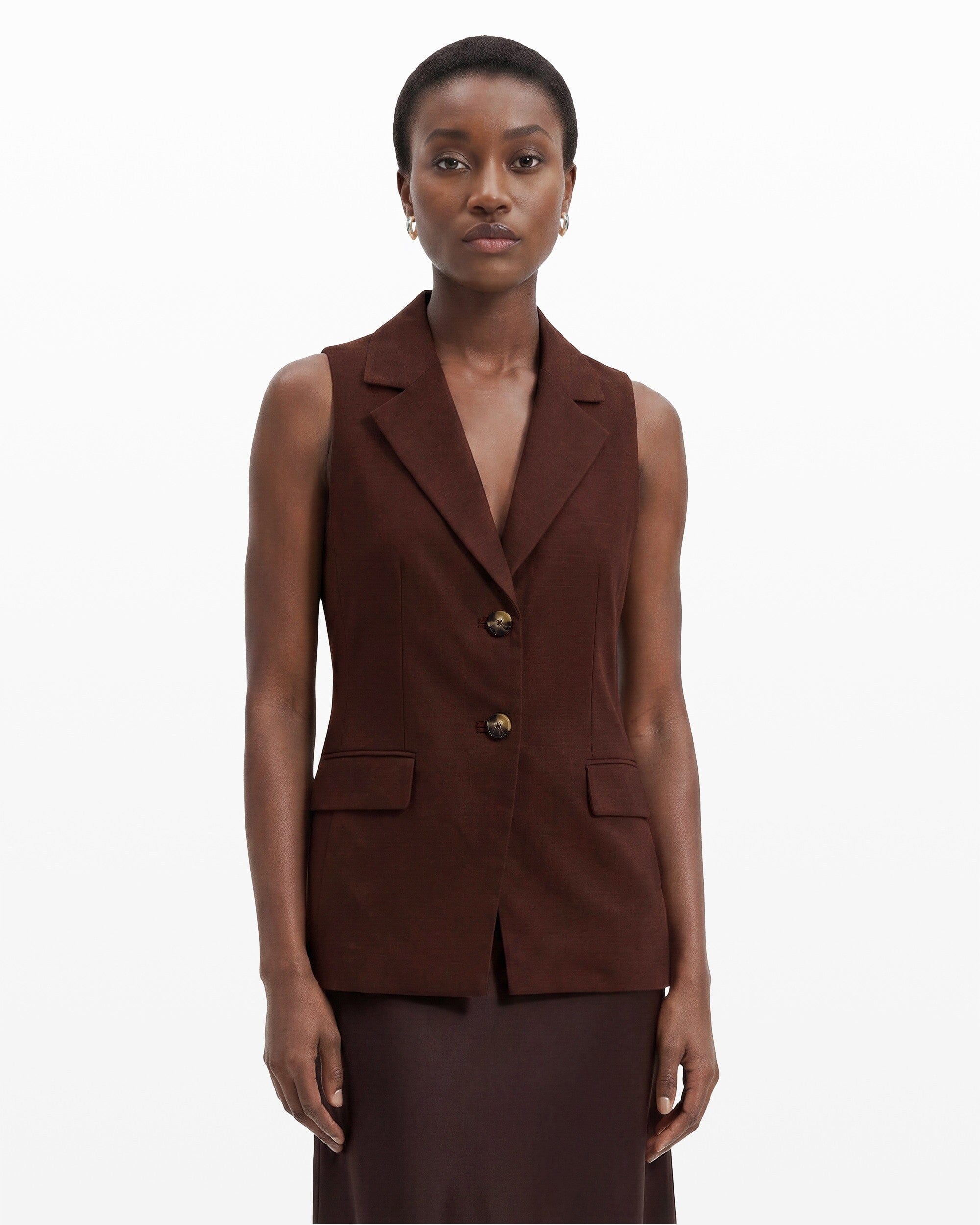 Anne Klein DARK CHOCOLATE Two-Button Notch Collar Vest with Flap Pockets