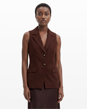 Anne Klein DARK CHOCOLATE Two-Button Notch Collar Vest with Flap Pockets