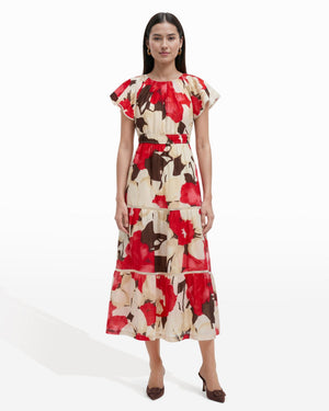 Anne Klein WHITE DOVE MULTI Flutter Sleeve Tiered Midi Dress