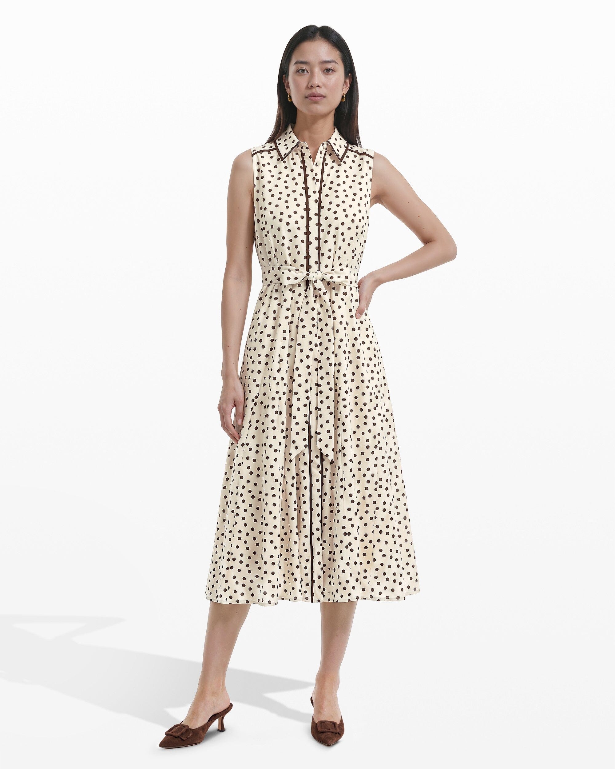 Collared Sleeveless Godet Midi Shirt Dress Dresses Kasper