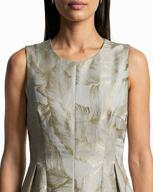 Anne Klein Soft Aloe/Gold Seamed Satin Fit And Flare Dress With Pleats