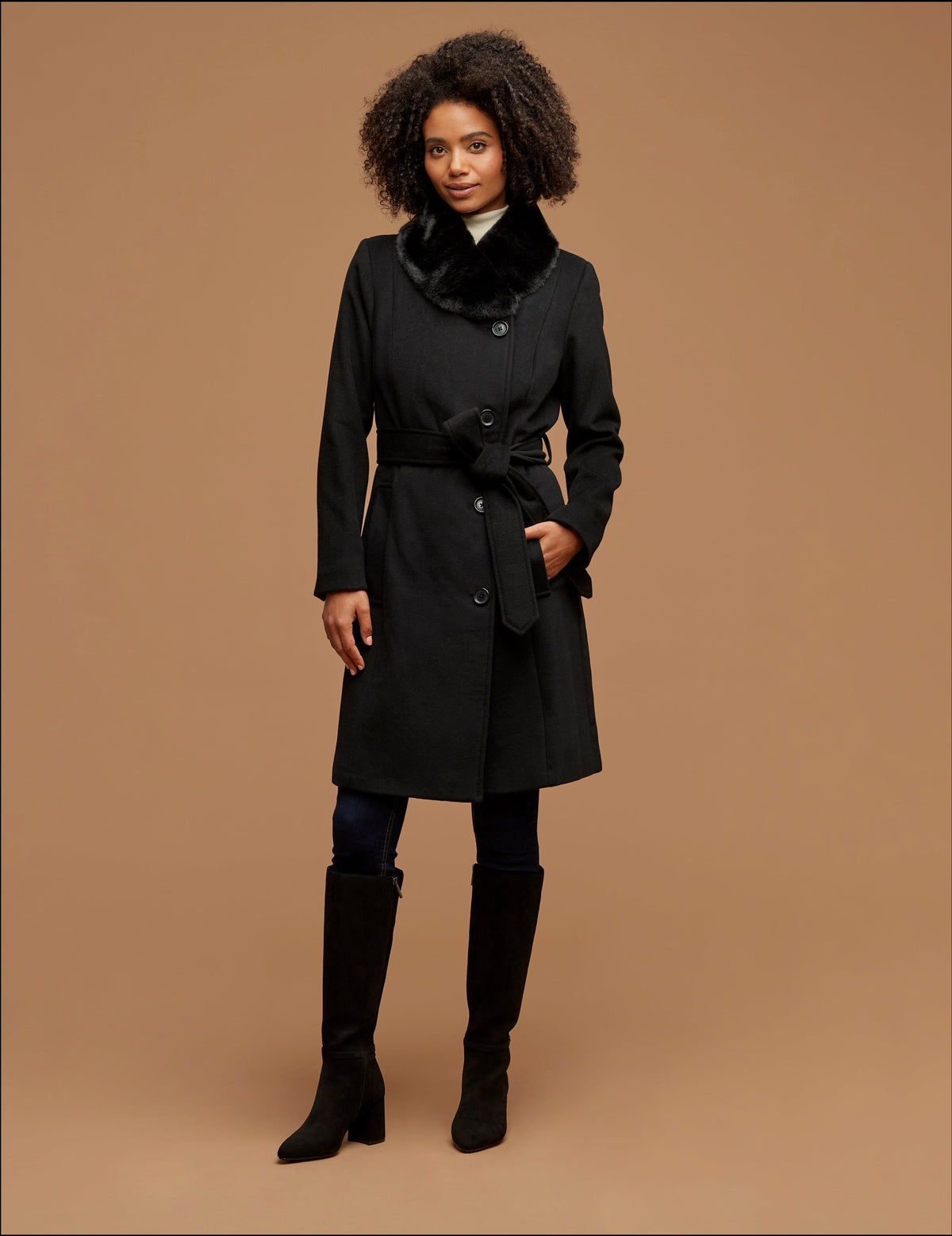 Anne Klein Black Belted Wrap Wool Coat With Fur Collar