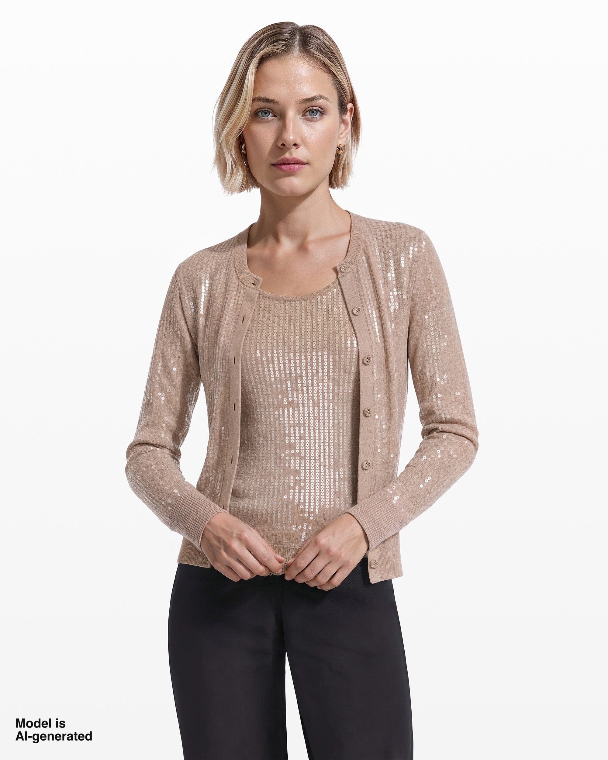 Crew Neck Button-Front Cardigan with Clear Sequins Apparel & Accessories Kasper