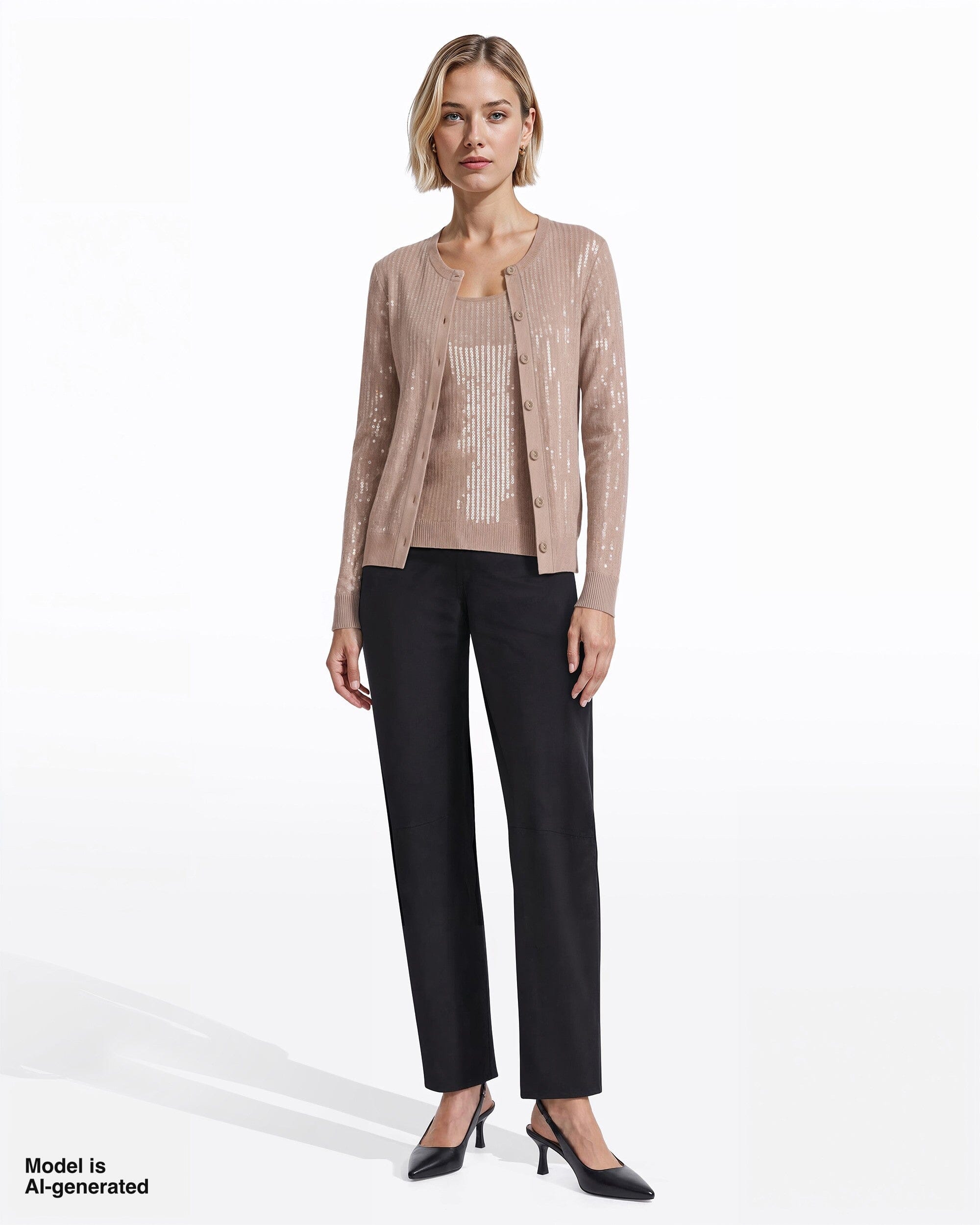 Crew Neck Button-Front Cardigan with Clear Sequins Apparel & Accessories Kasper