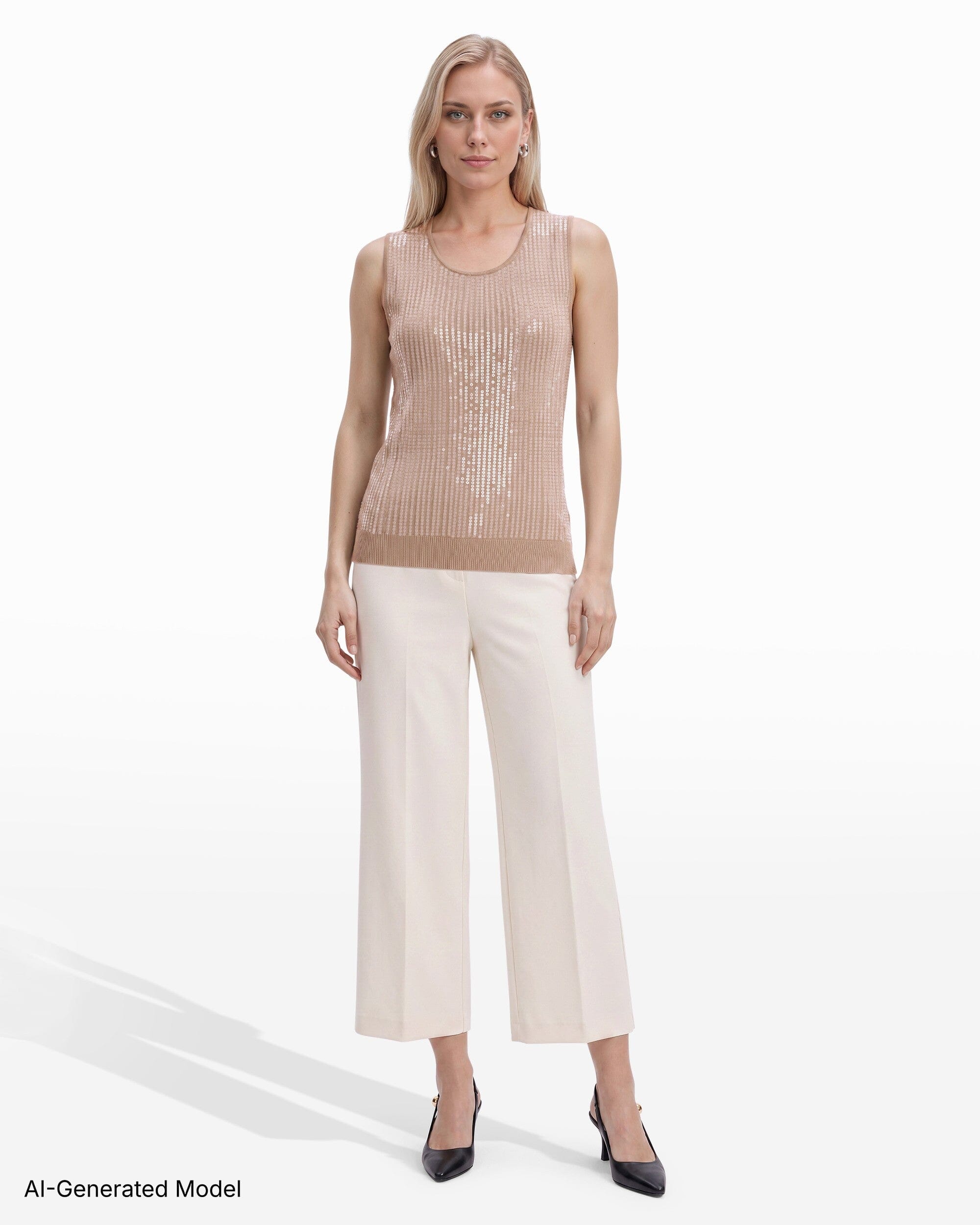 Anne Klein High Crew Neck Sleeveless Sweater With Clear Sequins