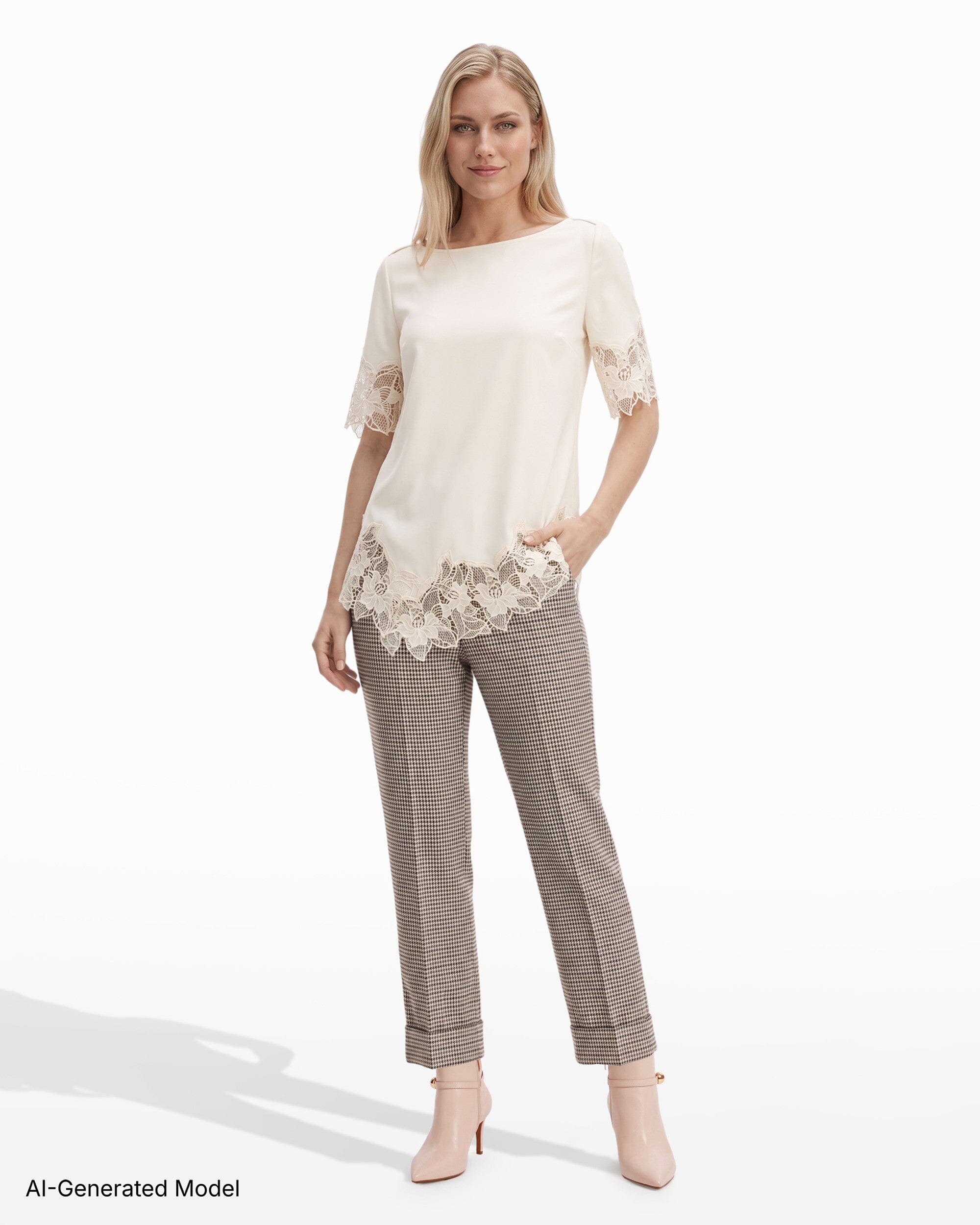 Anne Klein Boat Neck Asymmetric Lace Hem Knit Top