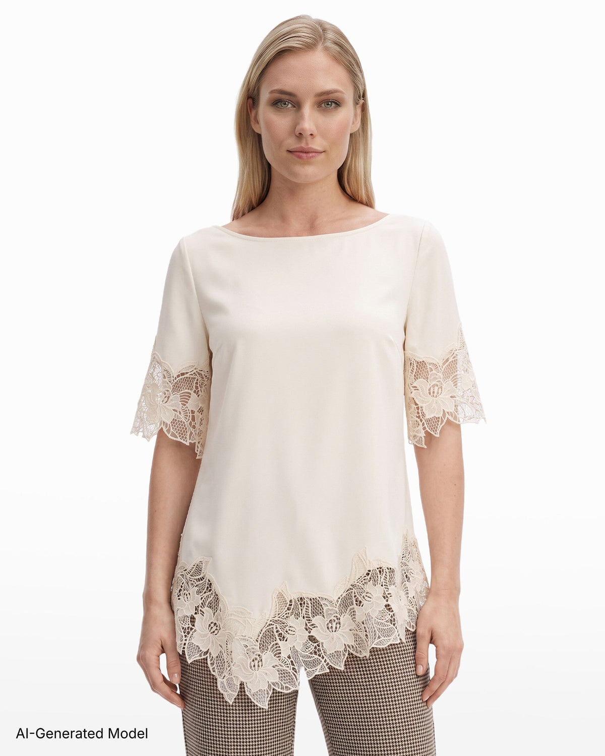 Anne Klein Boat Neck Asymmetric Lace Hem Top