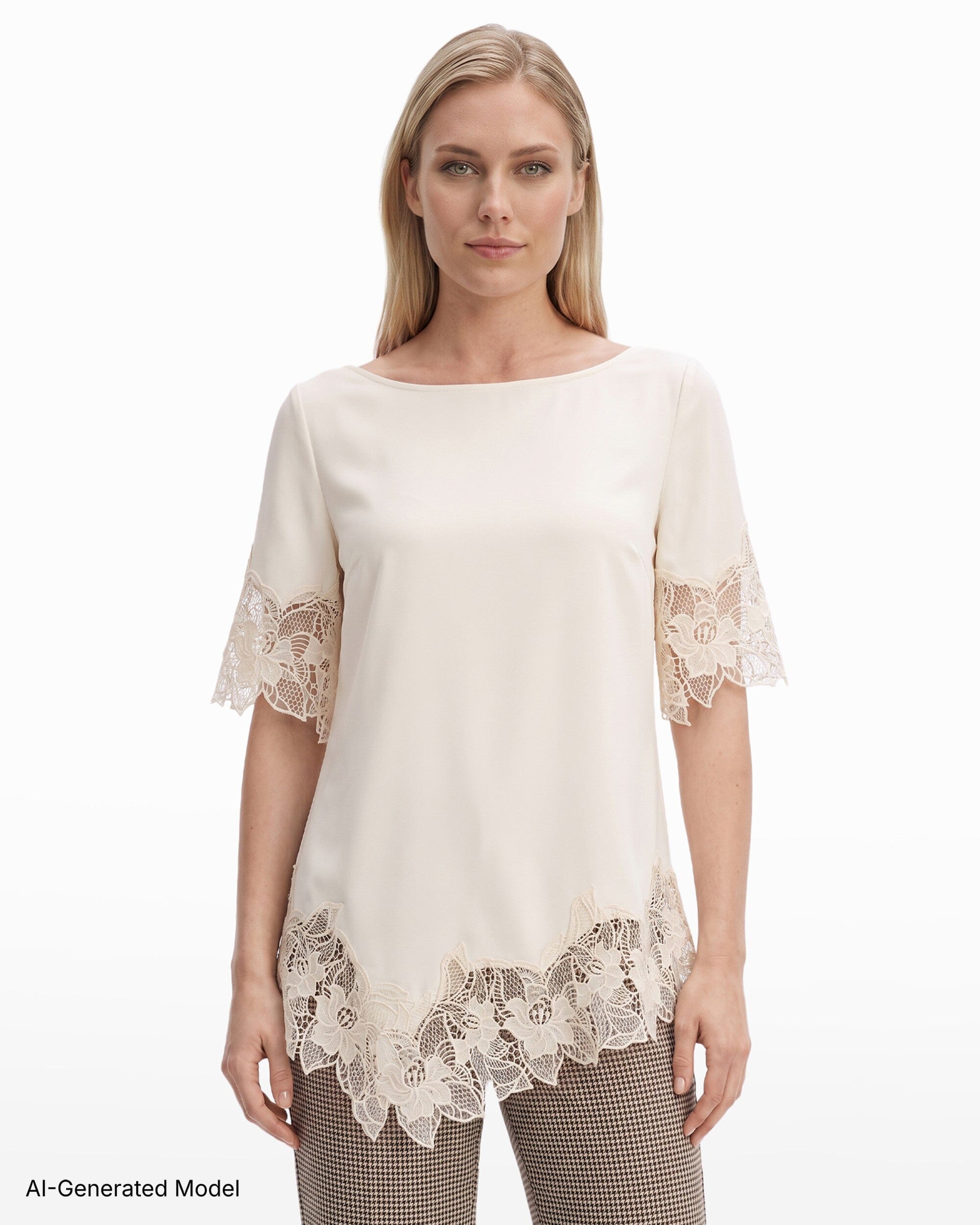 Anne Klein Boat Neck Asymmetric Lace Hem Knit Top
