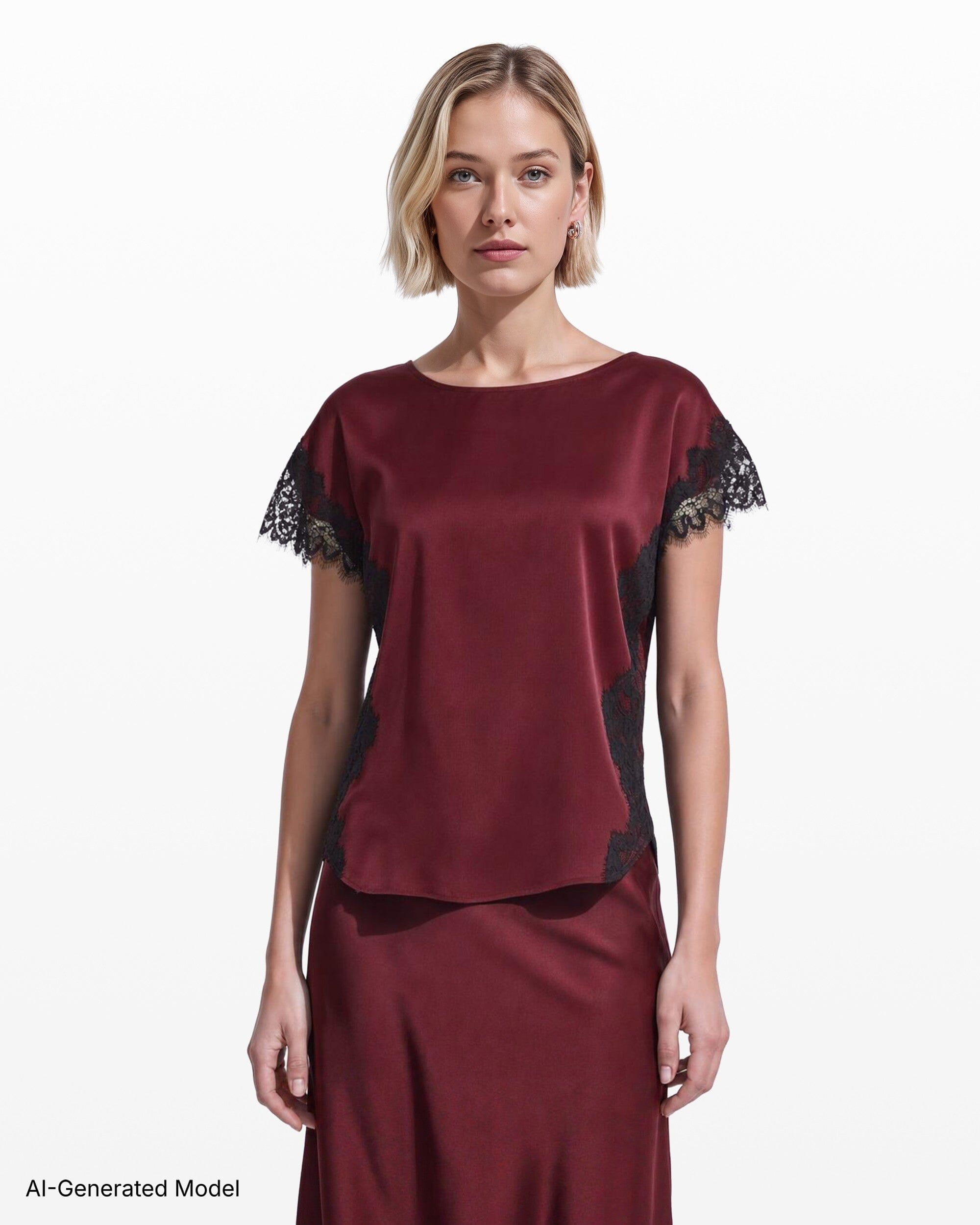 Anne Klein Lace Trimmed Short Sleeve Bateau Neck Woven Top