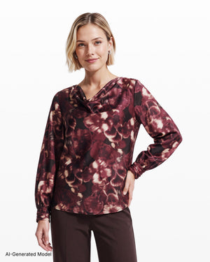 Anne Klein Drape Neck Long Sleeve Blouse with Cuffs