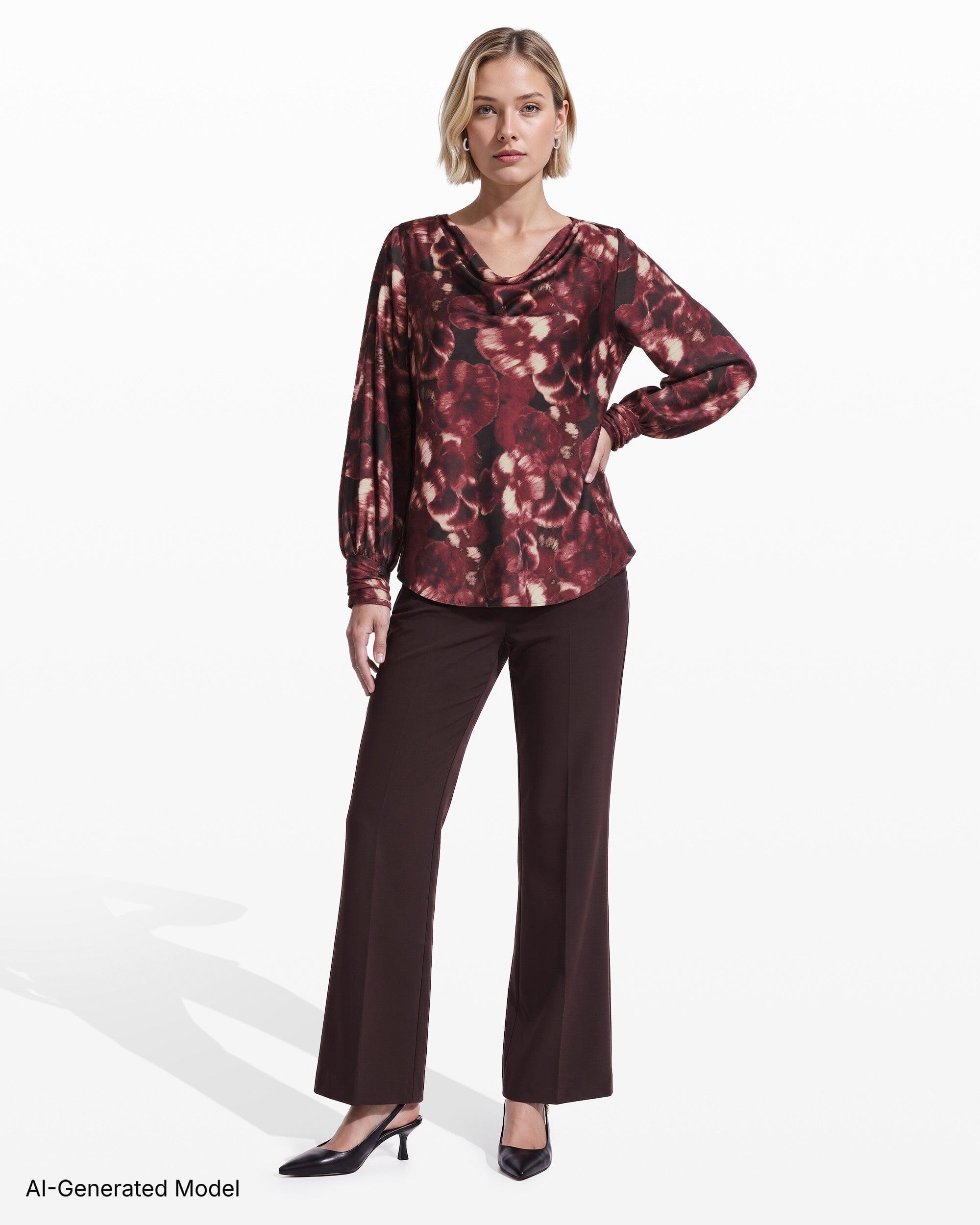 Anne Klein Drape Neck Long Sleeve Blouse with Cuffs