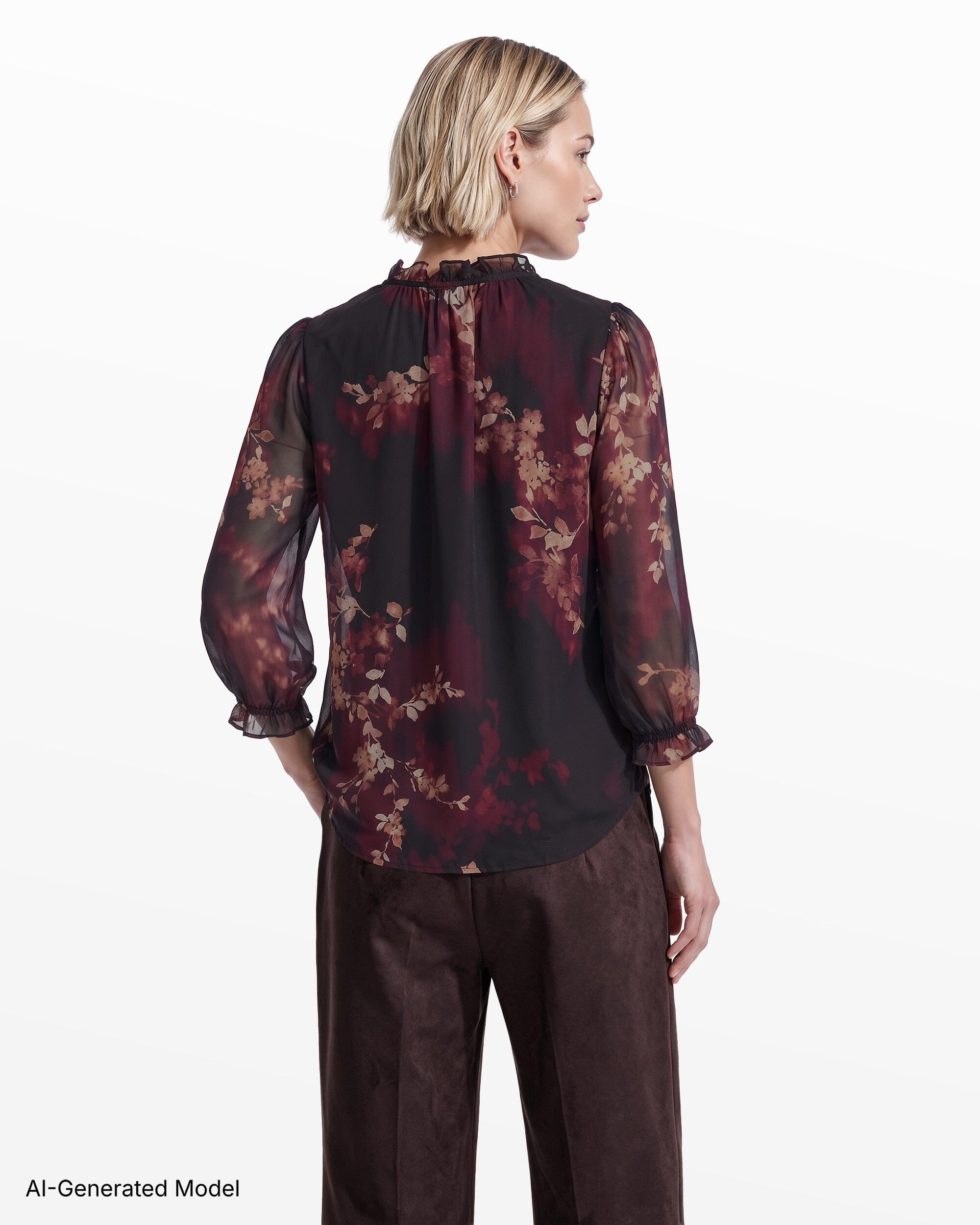 Anne Klein Three-Quarter Shirred Sleeve Ruffle Neck Woven Top
