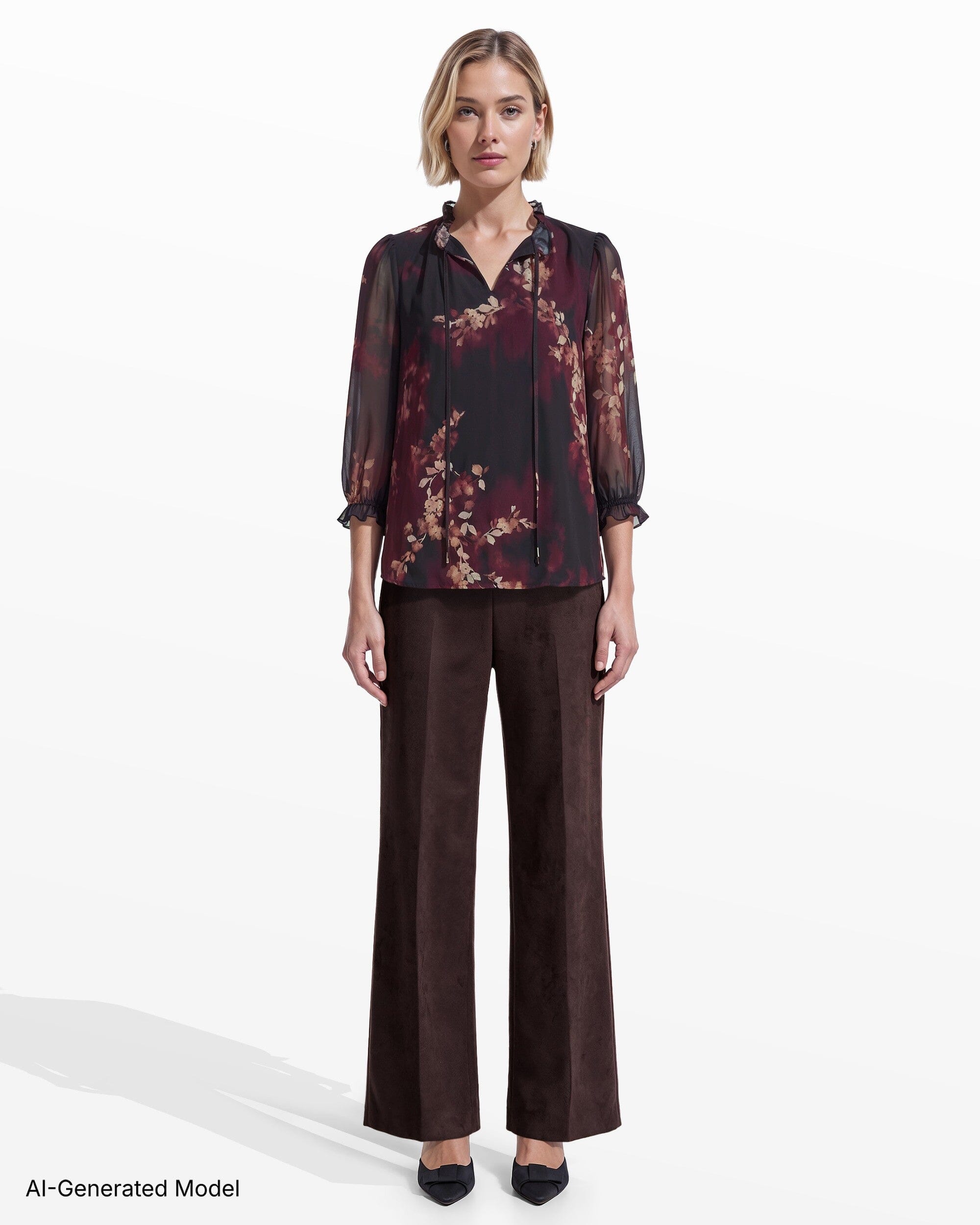 Anne Klein Three-Quarter Shirred Sleeve Ruffle Neck Woven Top