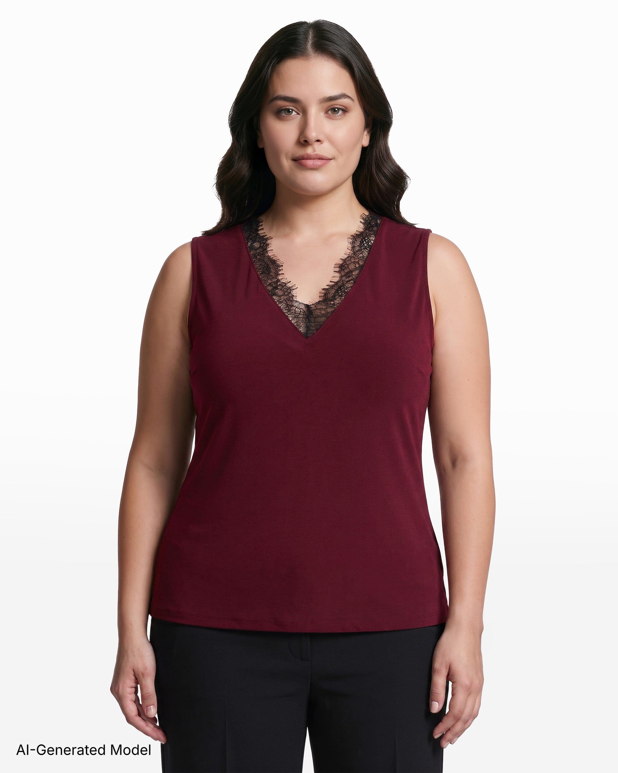 Anne Klein V-Neck Lace Trim Sleeveless Knit Tank Top