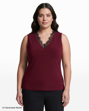 Plus Size V-Neck Lace Trim Sleeveless Knit Tank Top