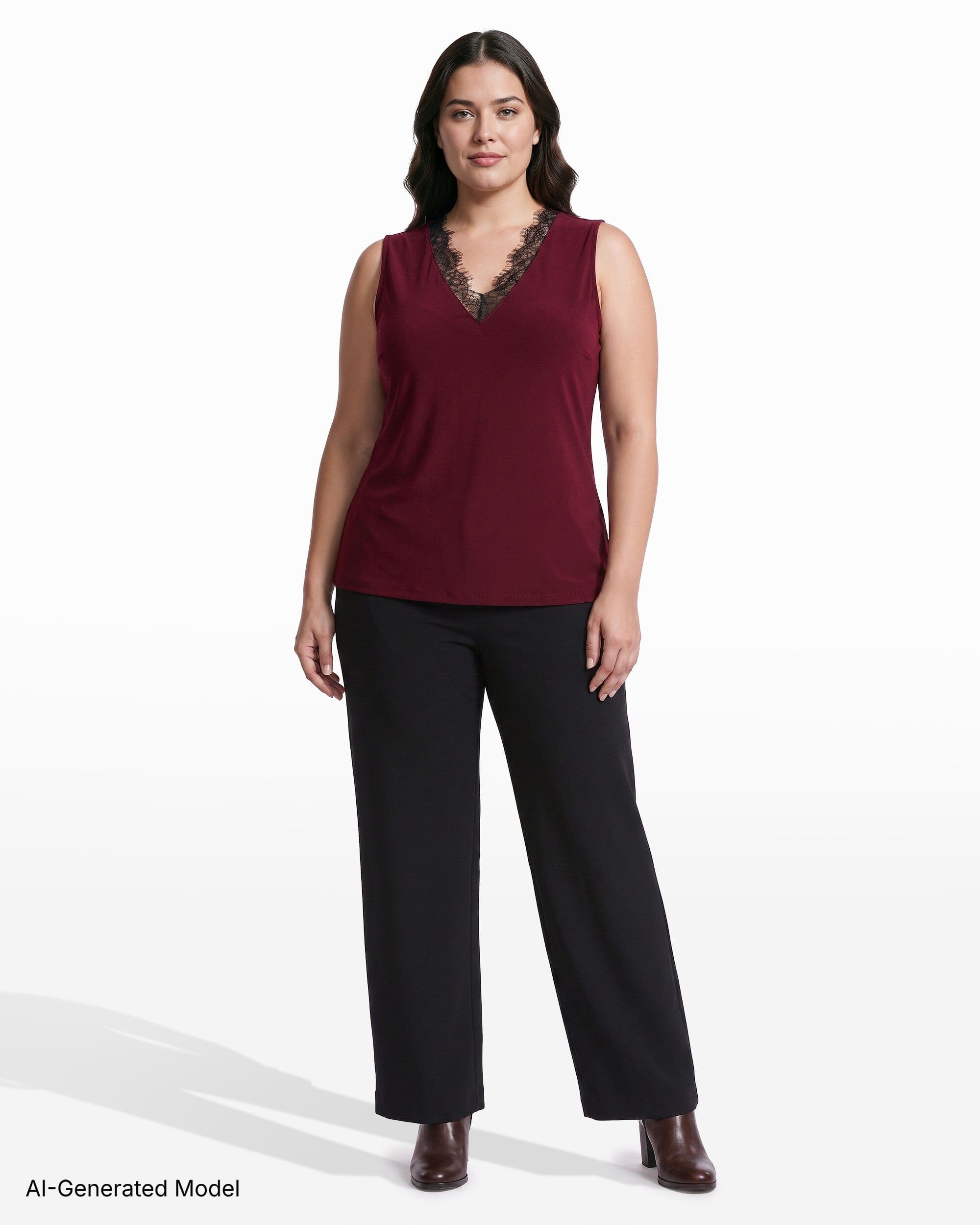 Anne Klein V-Neck Lace Trim Sleeveless Knit Tank Top