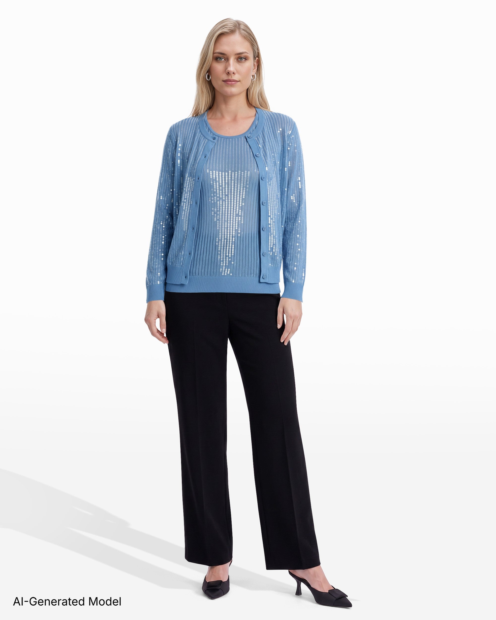 [SKU:12058302_1ED] Crew Neck Button-Front Cardigan with Clear Sequins