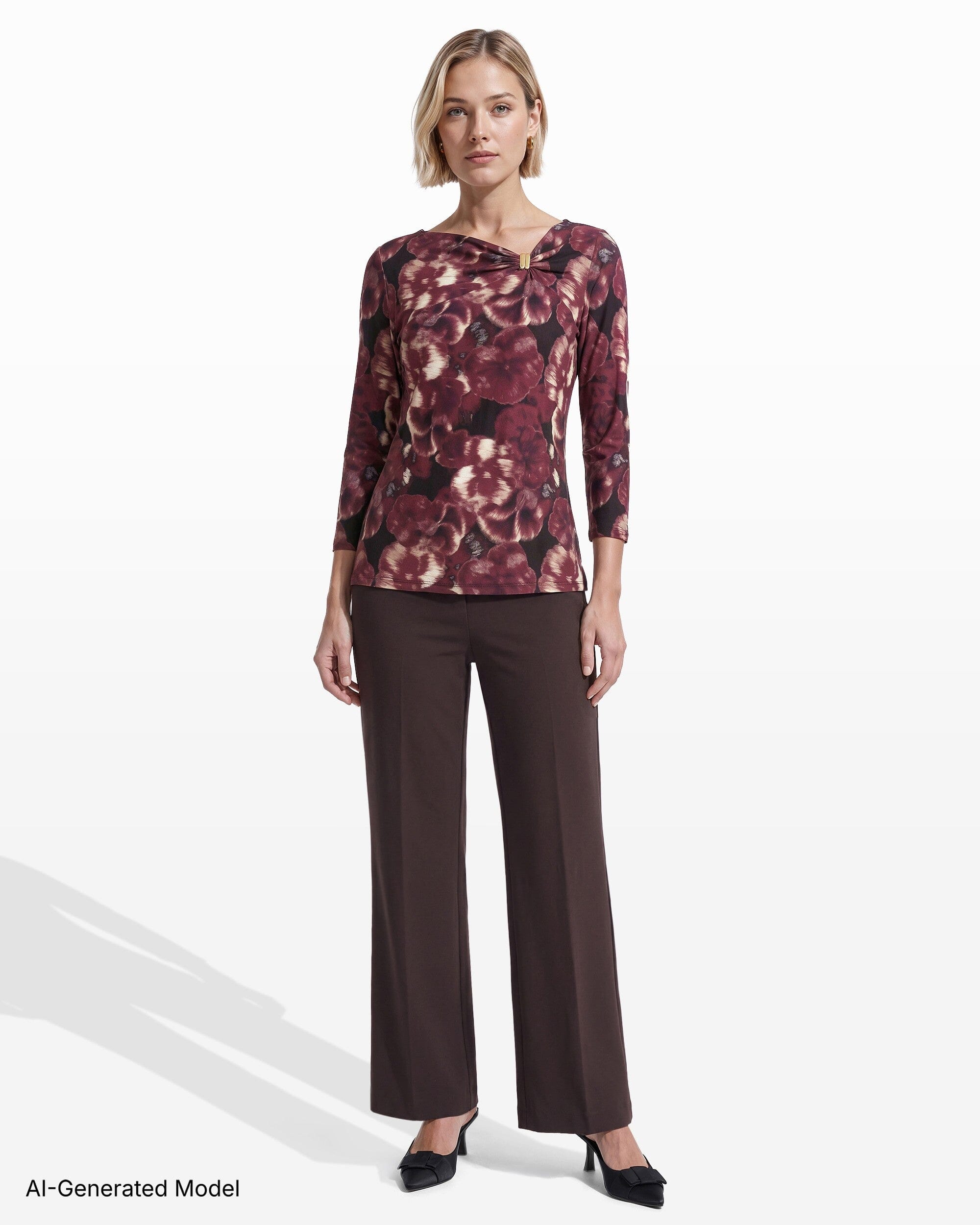Anne Klein Three-Quarter Sleeve Asymmetric Gathered Twist Knot Hardware Knit Top