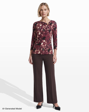 Anne Klein Three-Quarter Sleeve Asymmetric Gathered Twist Knot Hardware Knit Top