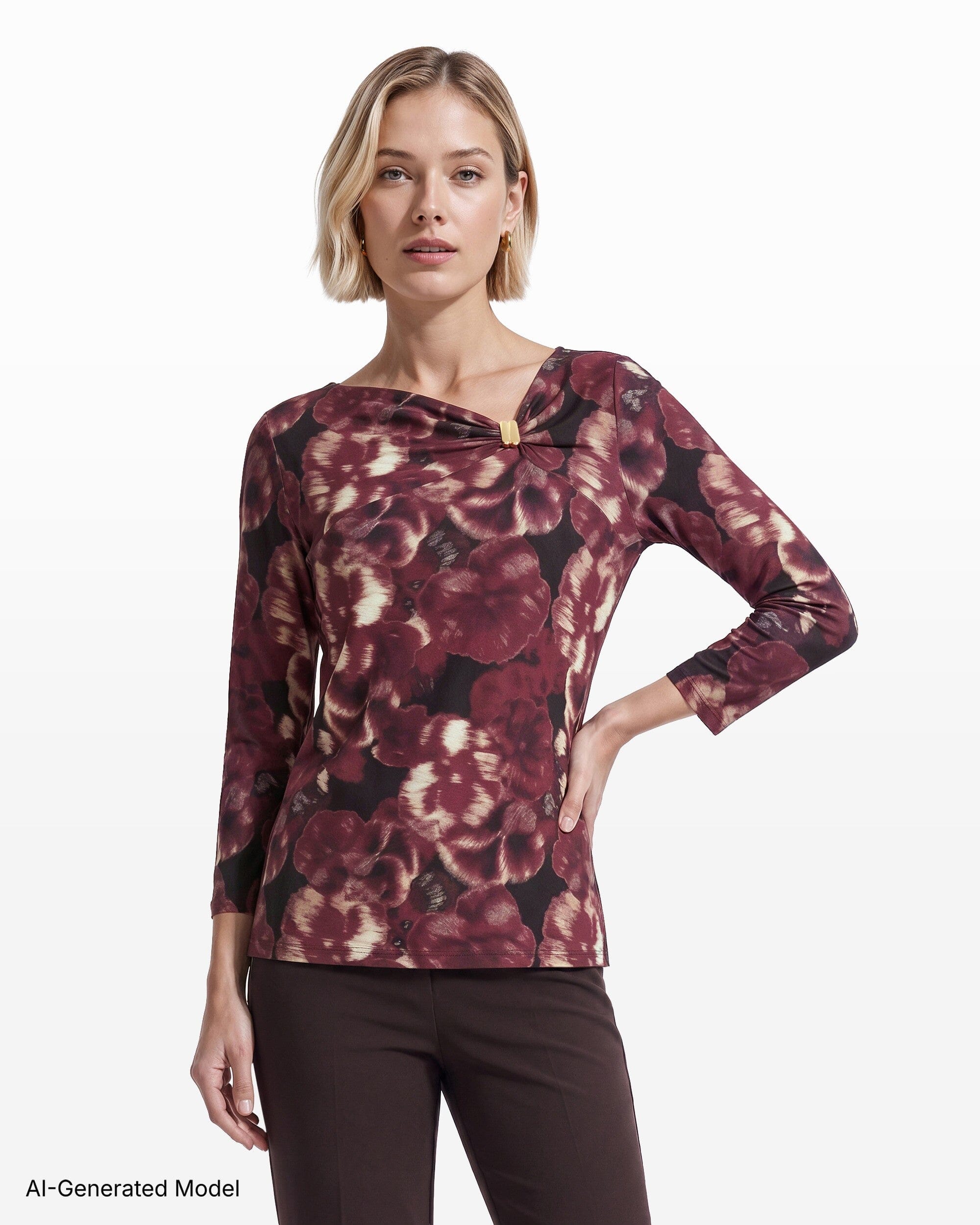Anne Klein Three-Quarter Sleeve Asymmetric Gathered Twist Knot Hardware Knit Top
