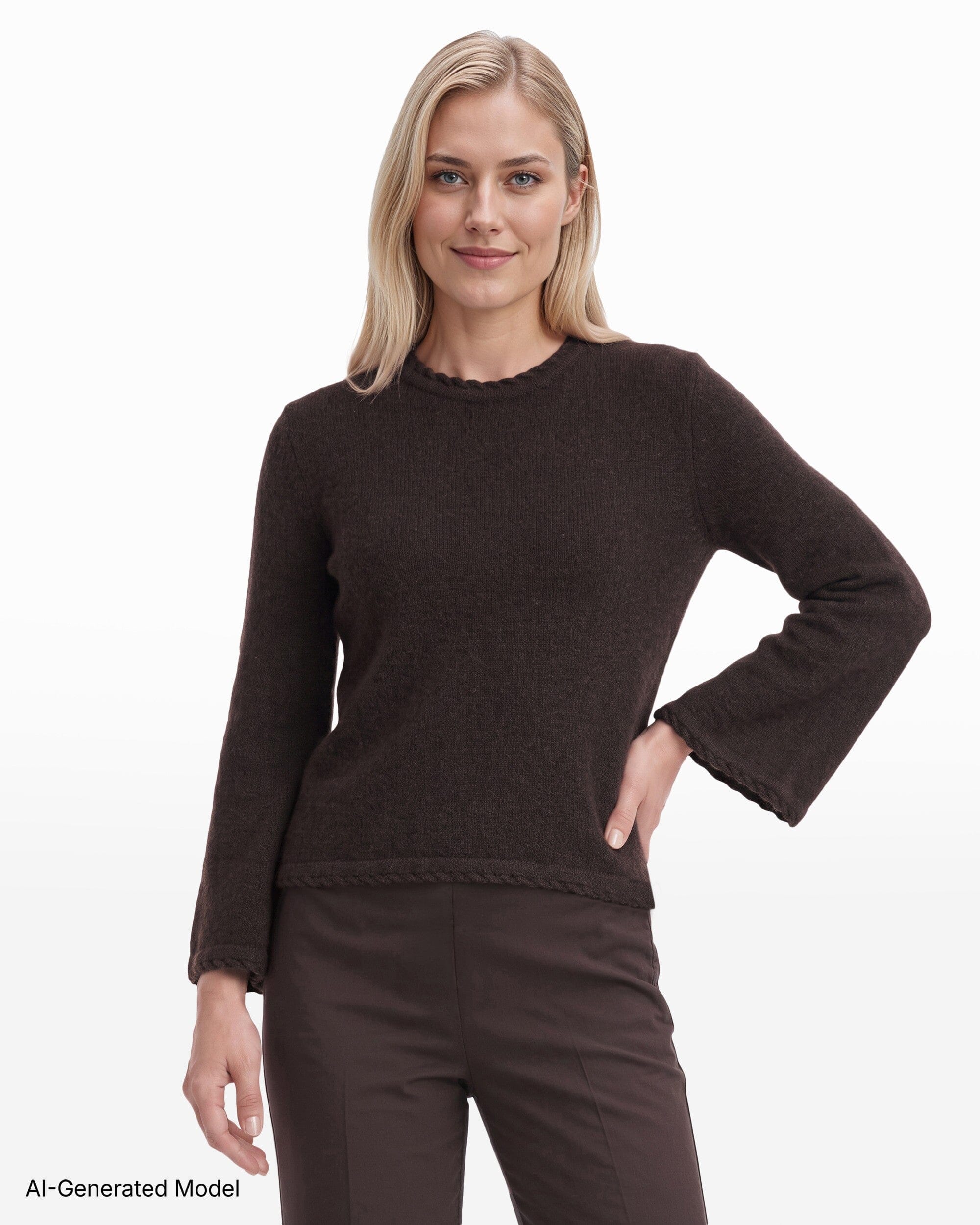 Anne Klein Braided Trim Bell Sleeve Crew Neck Sweater