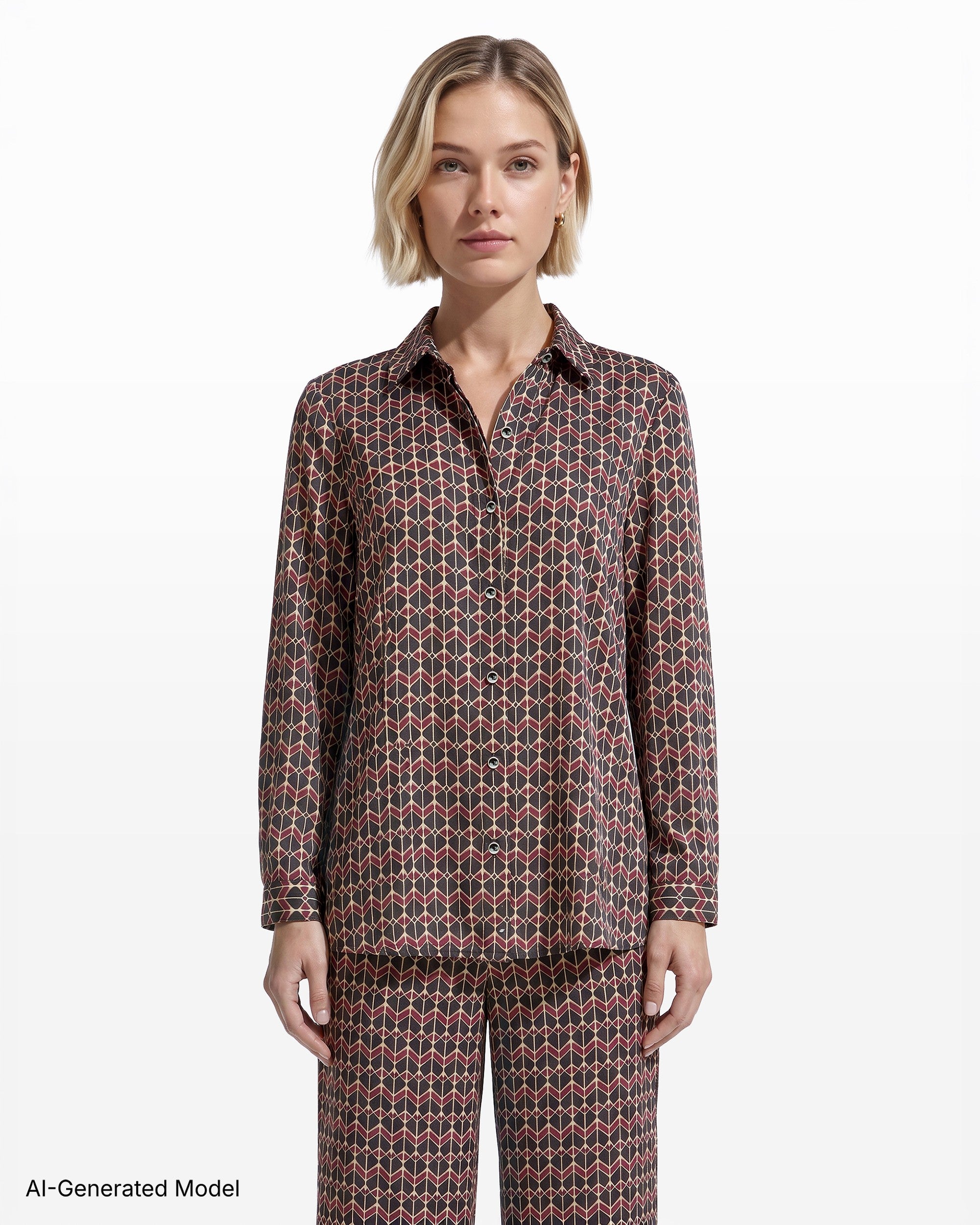 [SKU:12066450_9XO] Button-Down Collared Long Bell Sleeve Woven Top