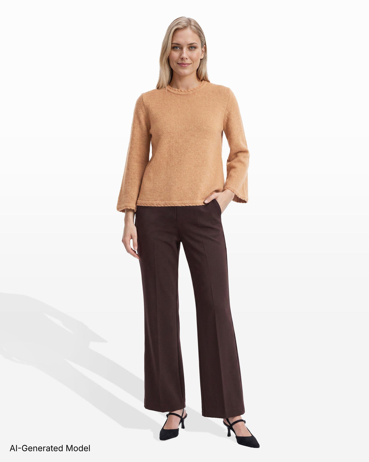 Anne Klein Braided Trim Bell Sleeve Crew Neck Sweater