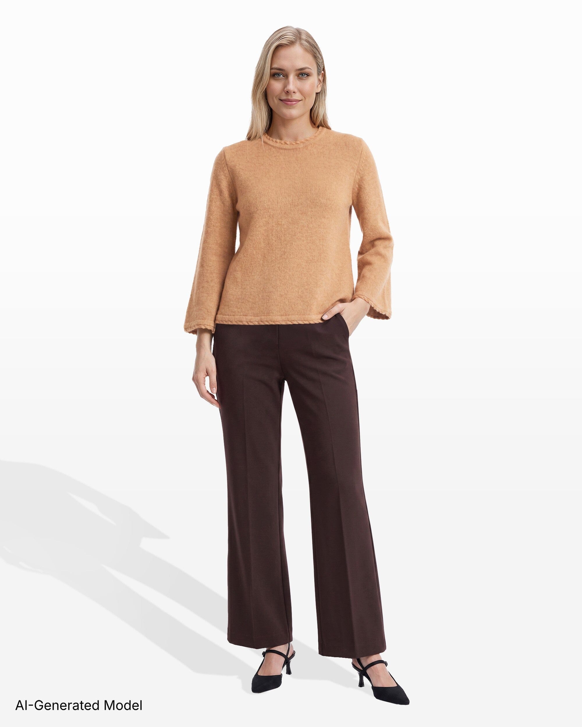 Anne Klein Braided Trim Bell Sleeve Crew Neck Sweater
