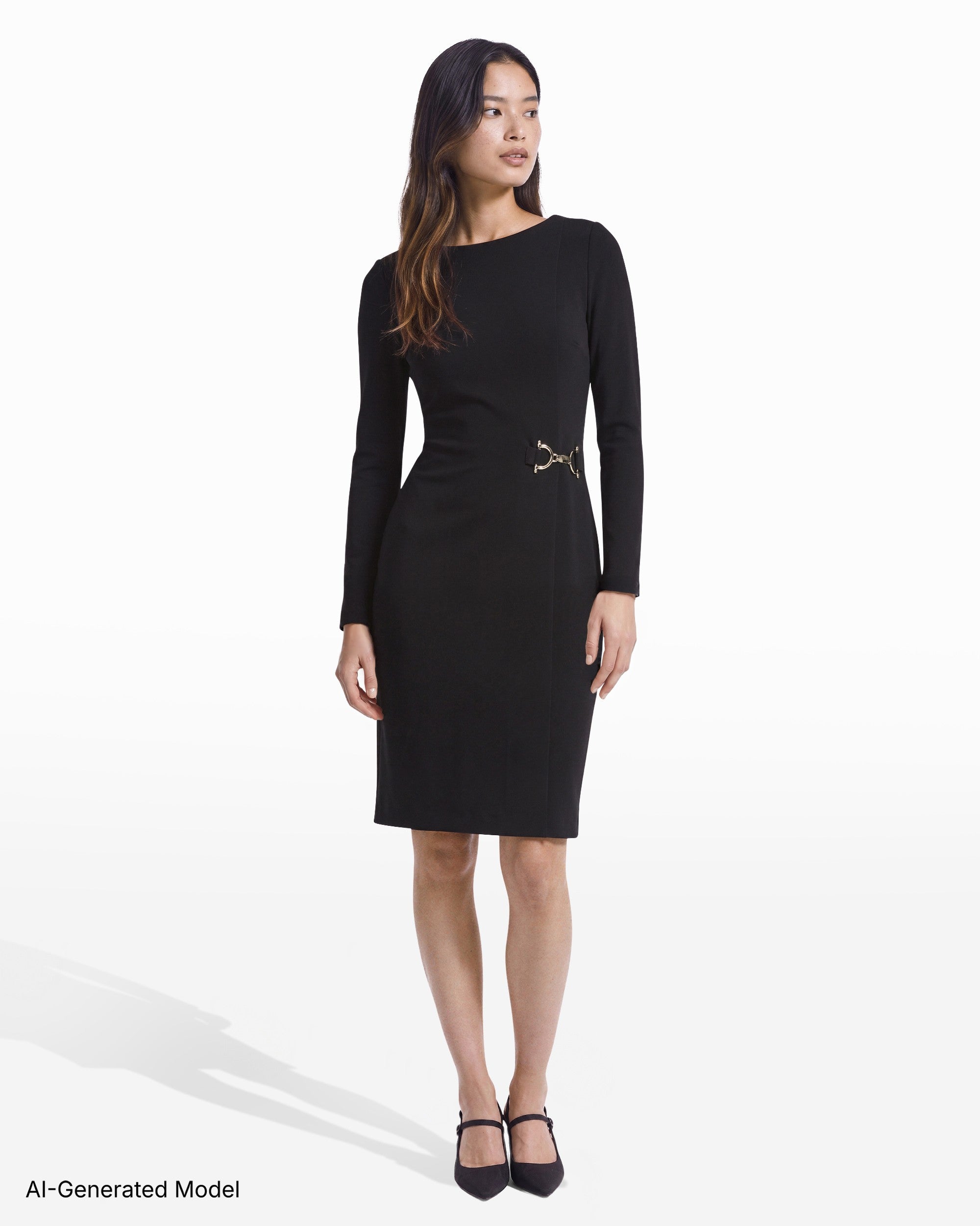 [SKU:12066826_3QK] Long Sleeve Boat Neck Sheath Dress with Accent Waist