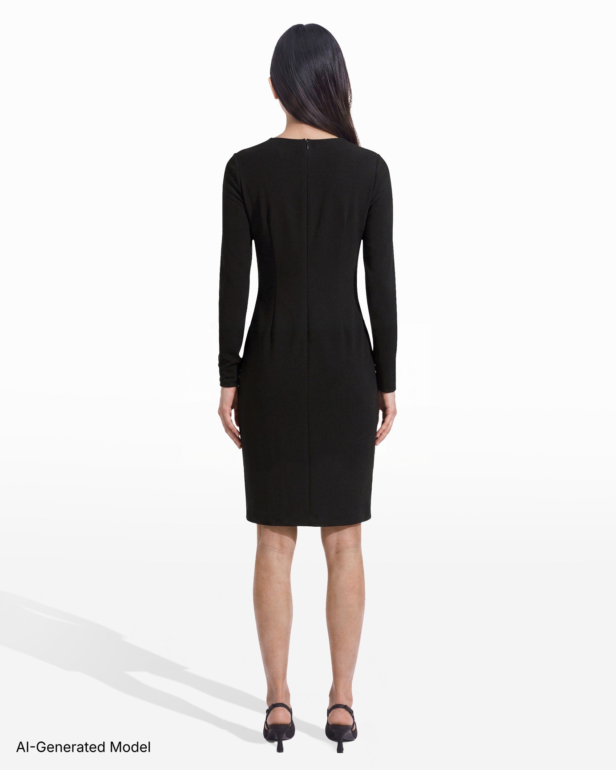 [SKU:12066826_3QK] Long Sleeve Boat Neck Sheath Dress with Accent Waist